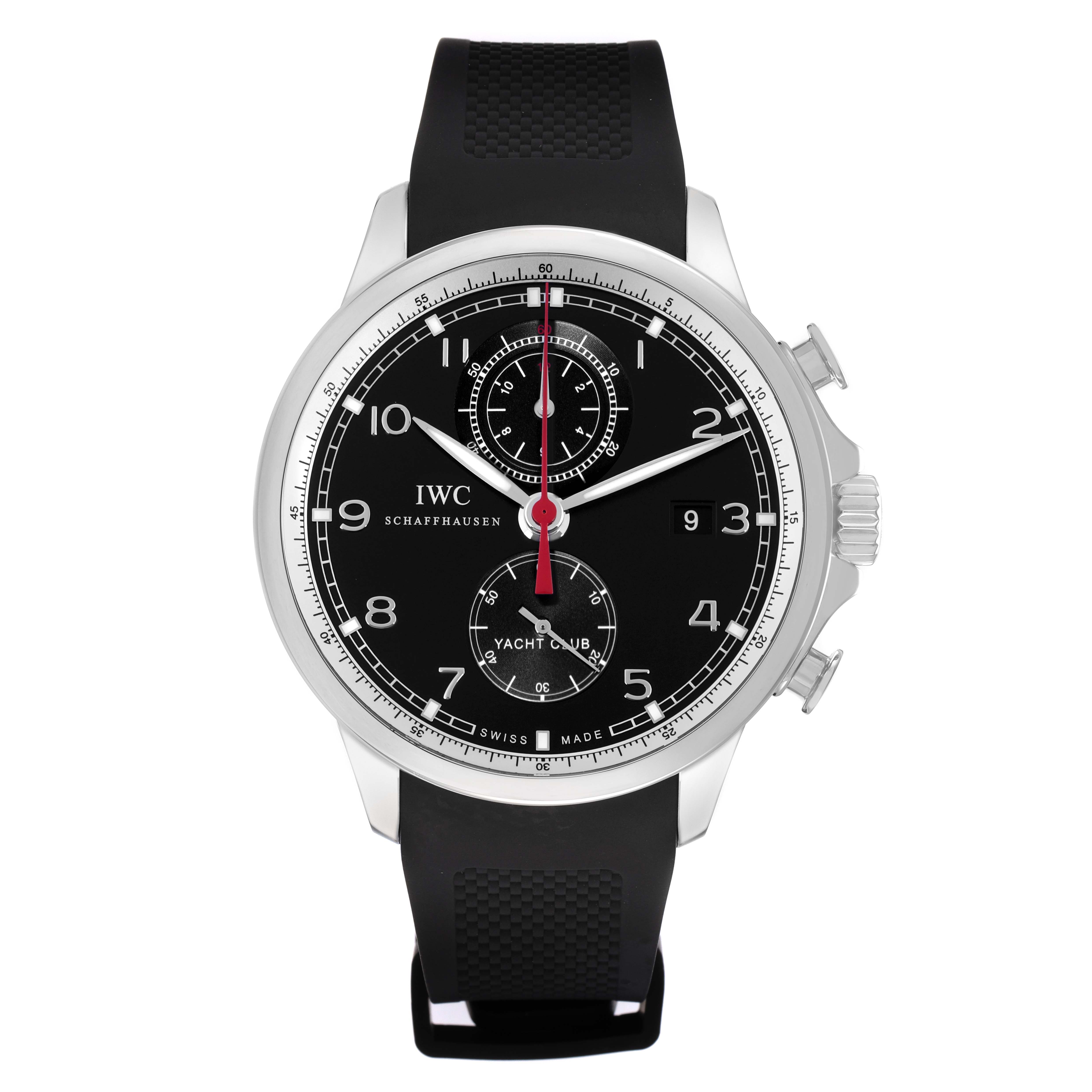 The IWC Portuguese IW390212 Men
s Titanium Black Dial watch is shown from a front angle, displaying the dial, pushers, and crown prominently.