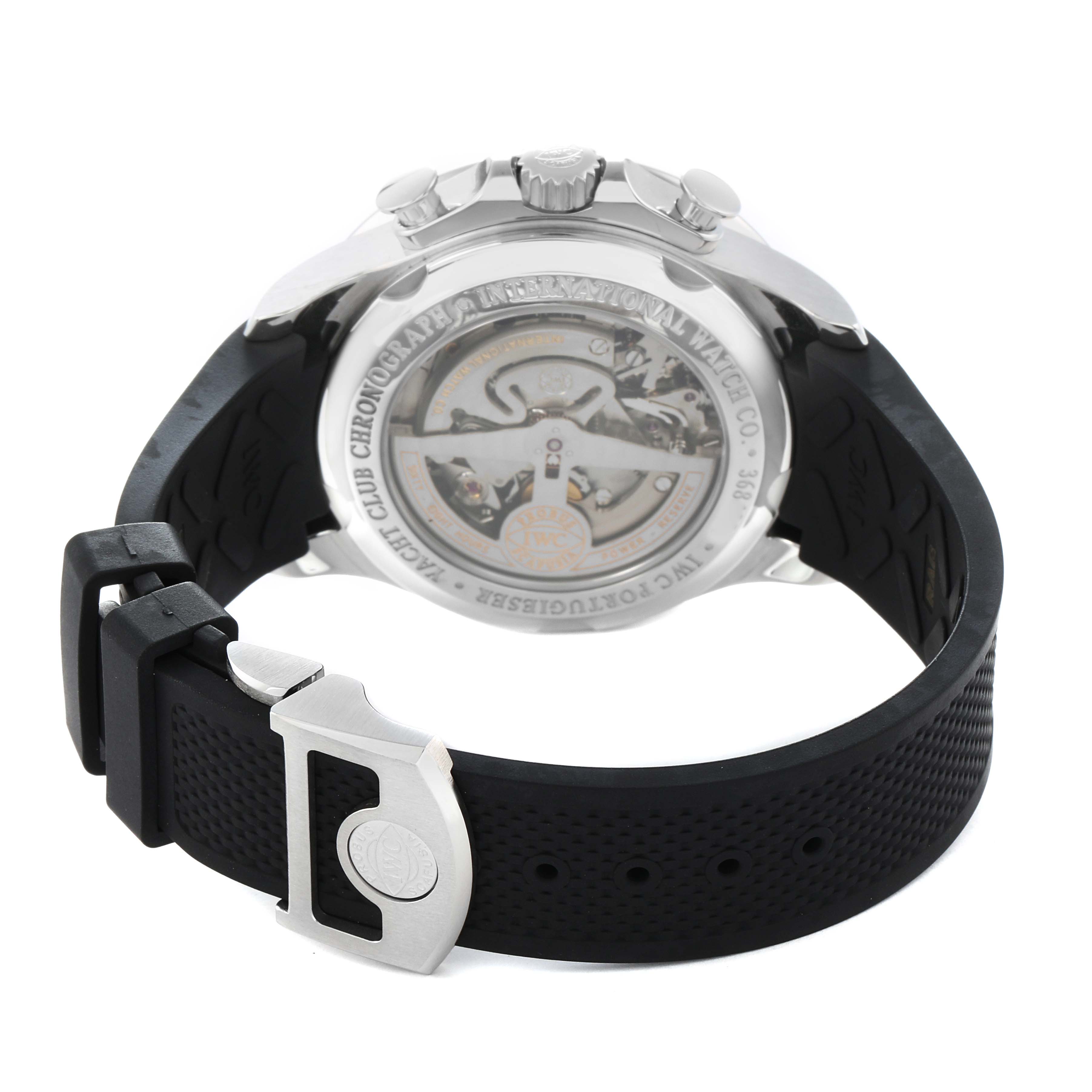 The image shows the back view of an IWC Portuguese IW390212 Men
s Titanium Black Dial watch, highlighting the exhibition case back and part of the strap and buckle.