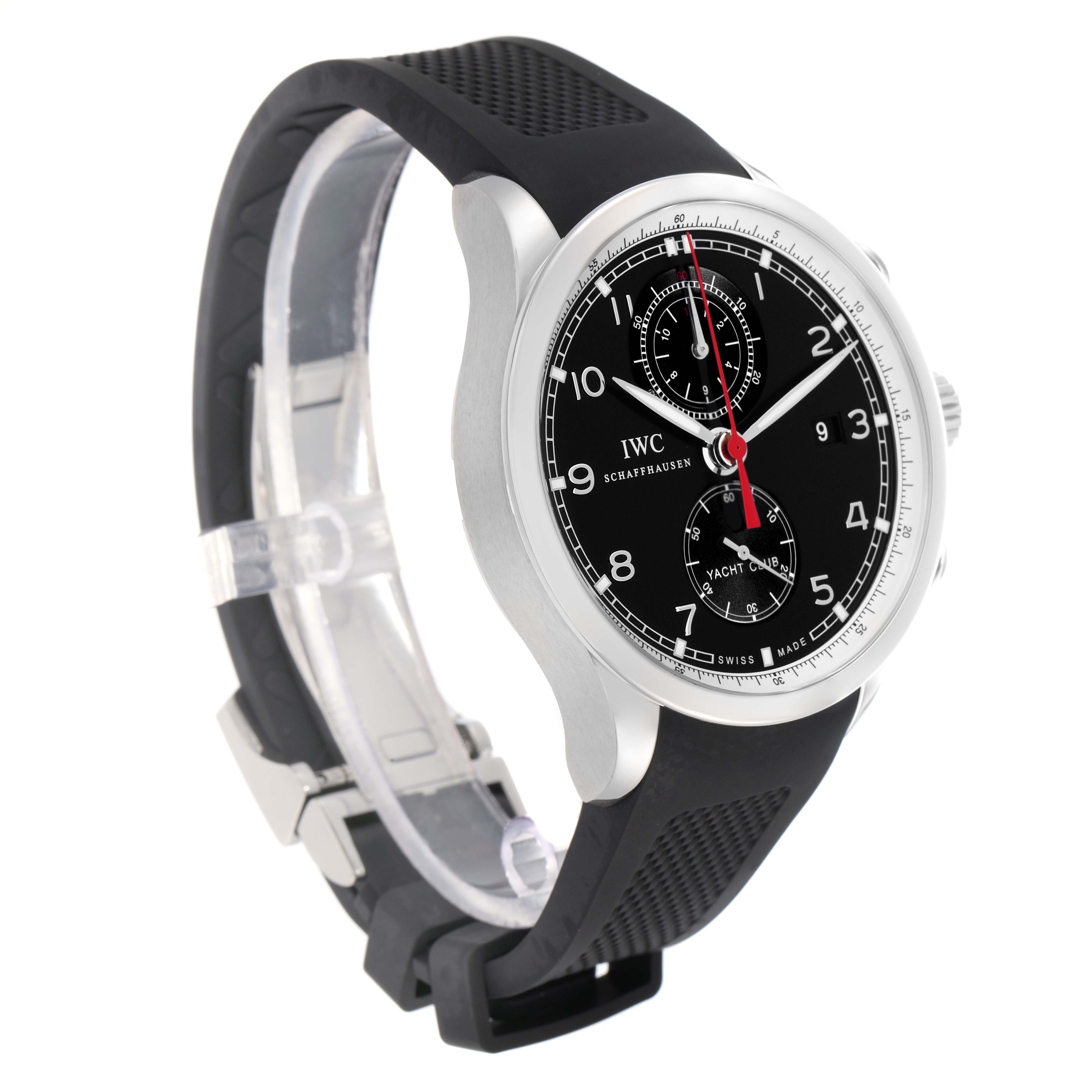 The IWC Portuguese IW390212 Men
s Titanium Black Dial watch is shown at a slight angle, displaying the face, bezel, and part of the strap.