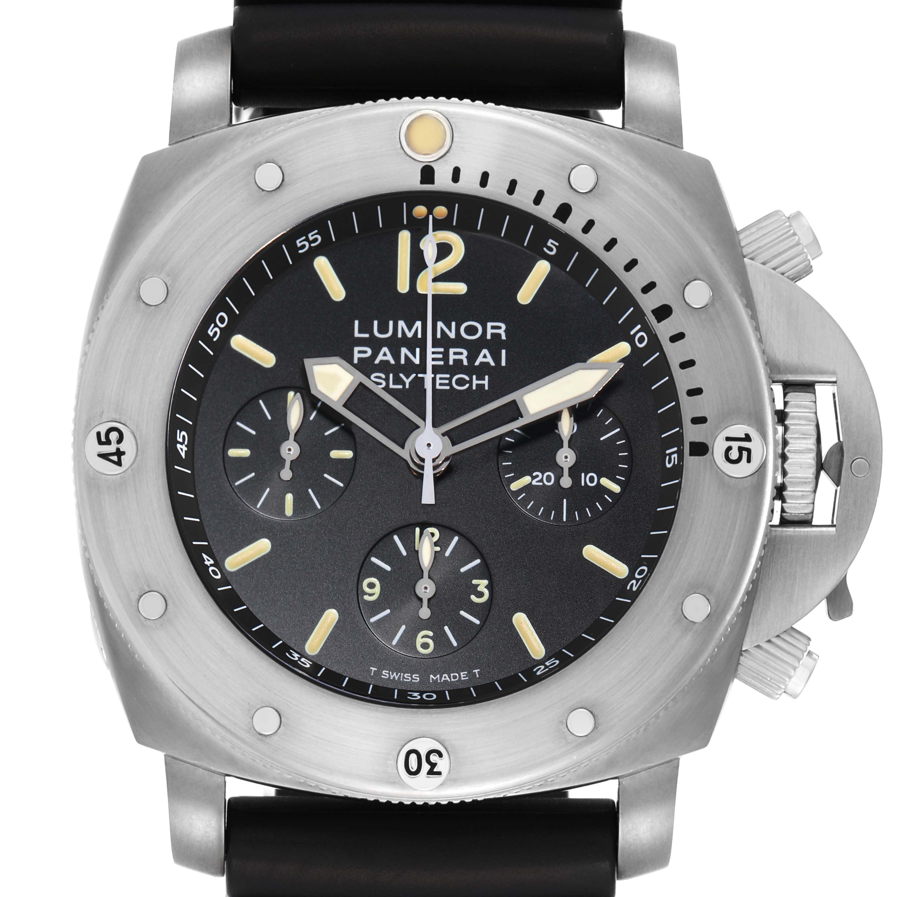 The Panerai Luminor PAM00202 Men
s Titanium Black Dial watch is shown from the front, displaying its face, dial, chronograph sub-dials, and crown guard.