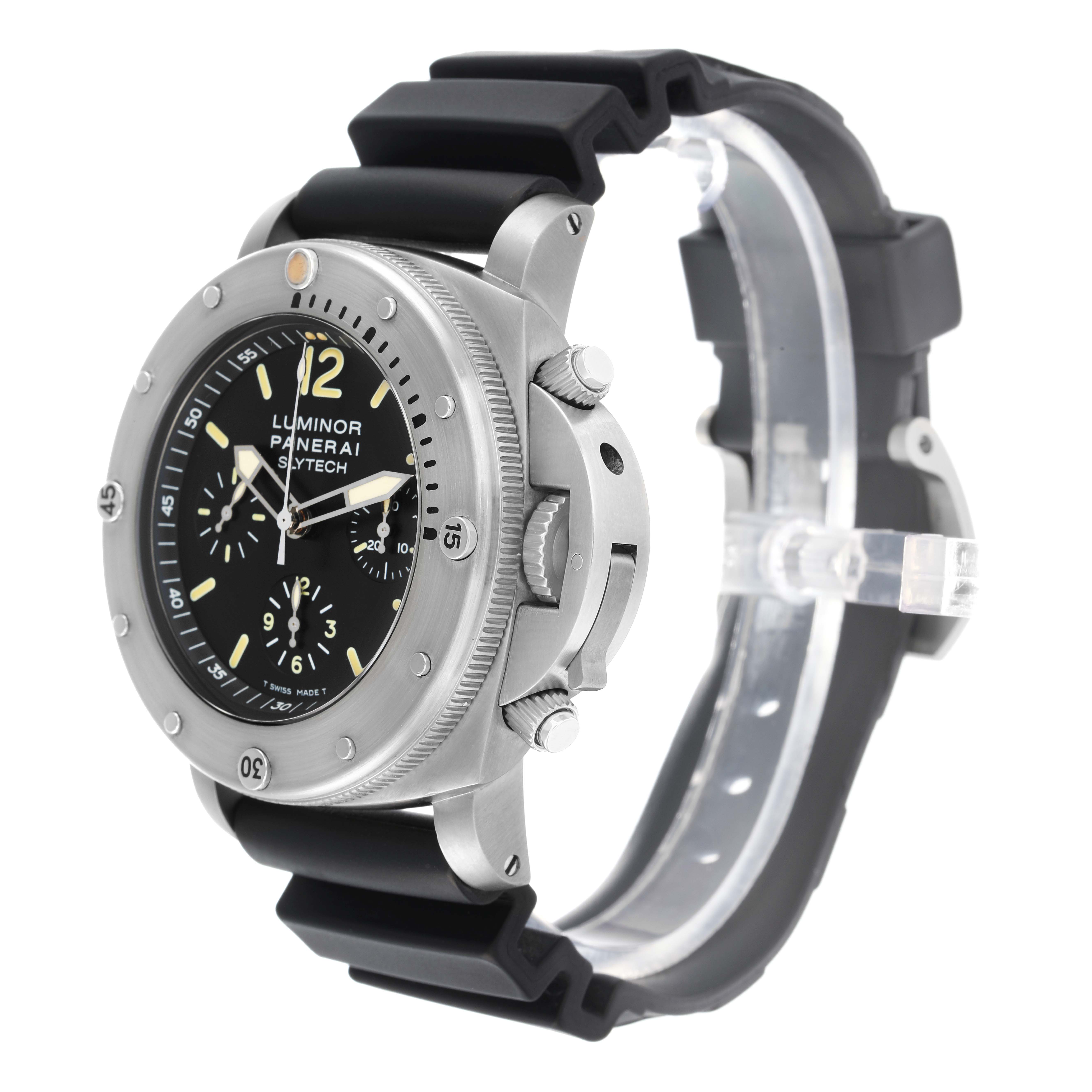 This Panerai Luminor PAM00202 Men
s Titanium Black Dial watch is shown at a three-quarter angle, highlighting the case, dial, bezel, and strap.