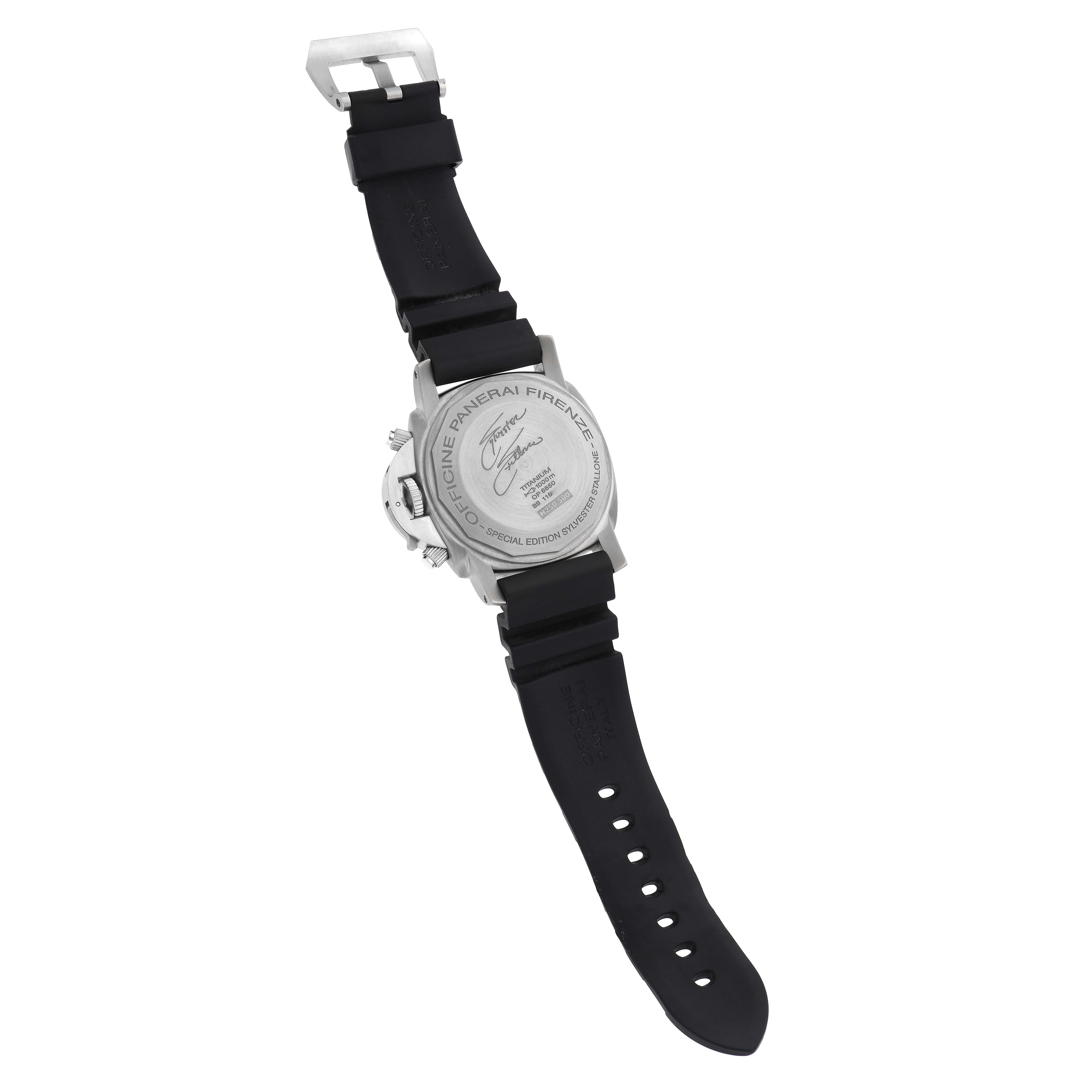 The image shows the back case and strap of a Panerai Luminor PAM00202 Men
s Titanium Black Dial watch, viewed from the rear.