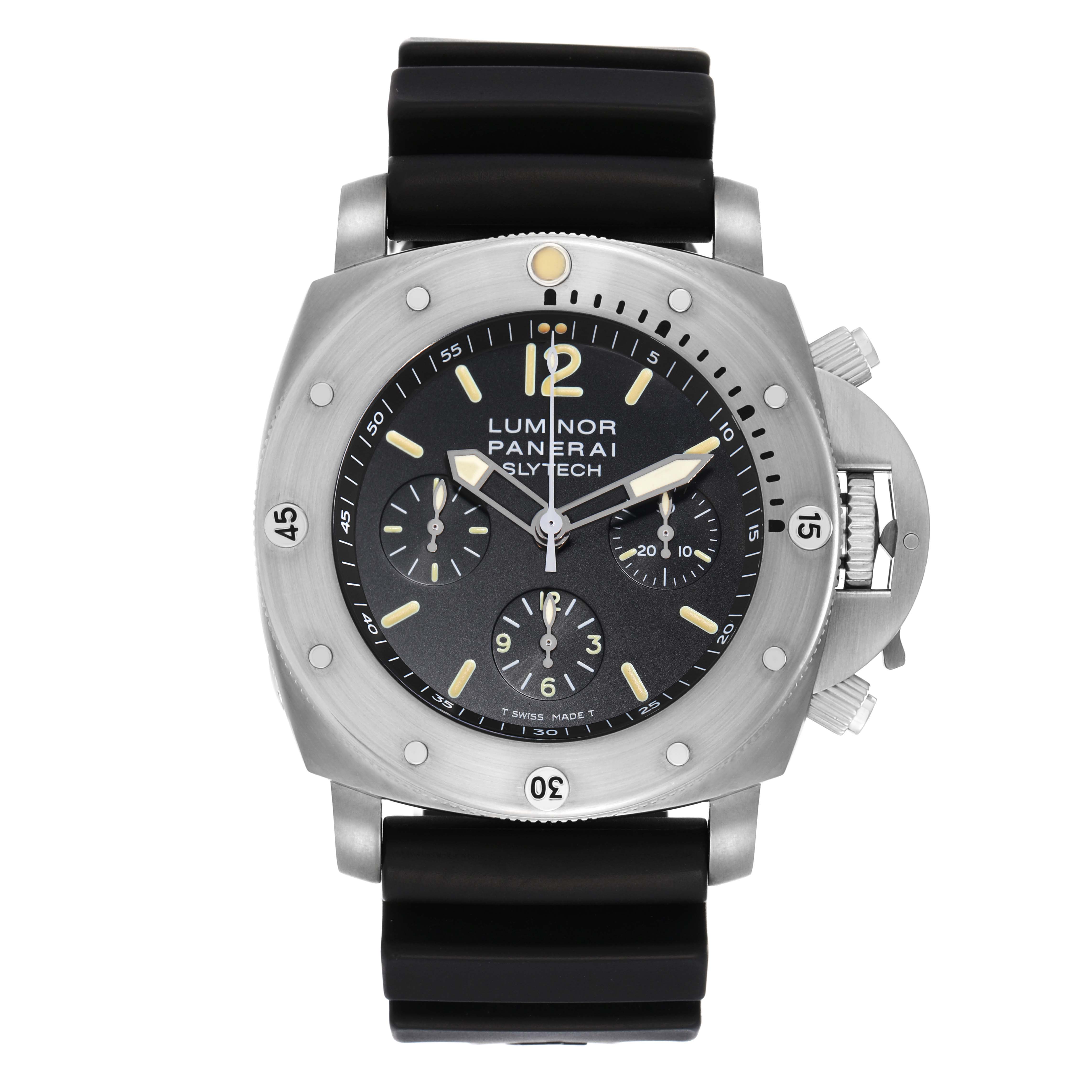 The Luminor Panerai watch is shown from a front angle, highlighting the dial, bezel, crown guard, and rubber strap.