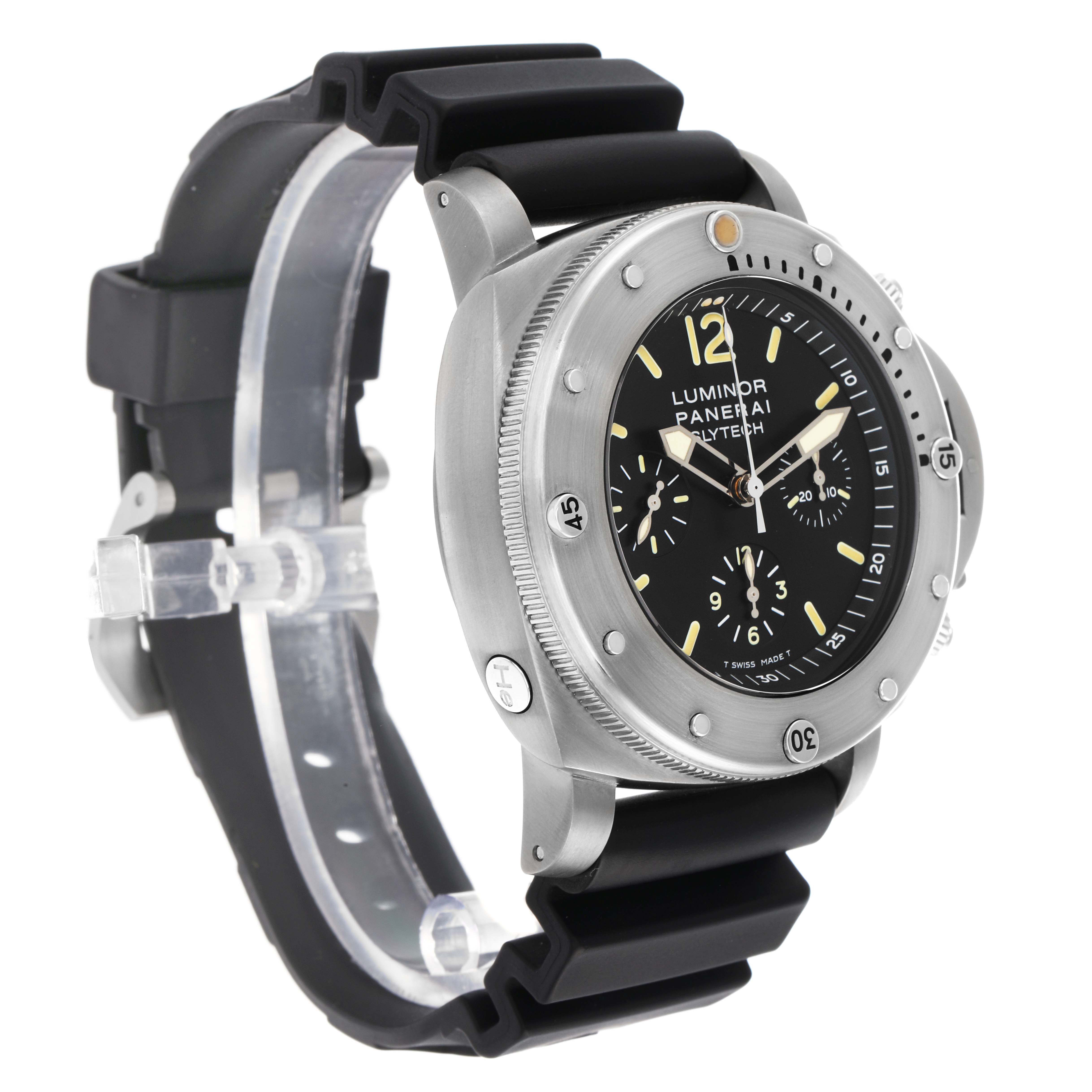 The Panerai Luminor PAM00202 Men
s Titanium Black Dial watch is shown at a slight side angle, displaying its face, bezel, crown, and black rubber strap.