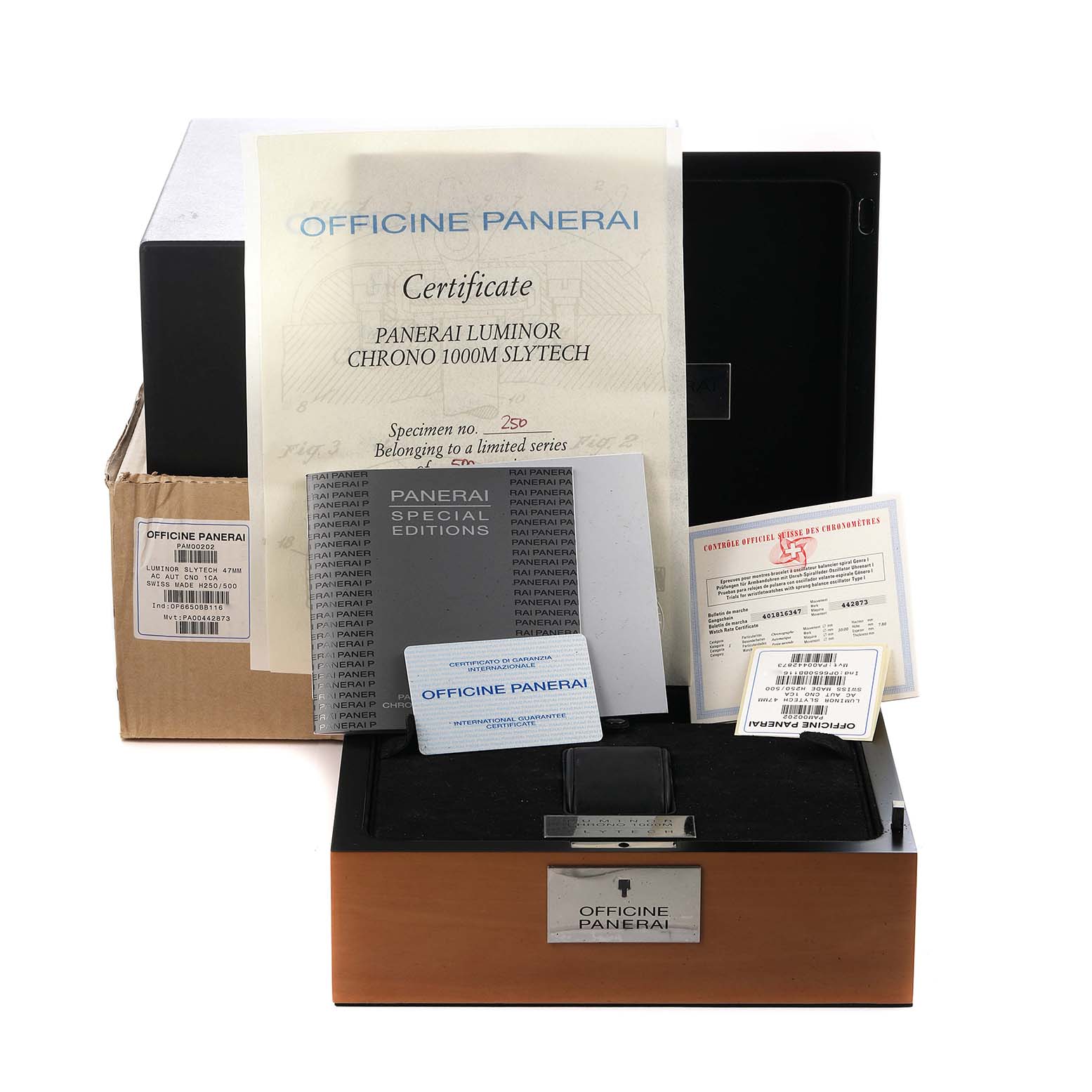 The image shows Panerai Luminor PAM00202 Men
s Titanium Black Dial watch accessories, including a certificate, manuals, and a watch box from an overhead angle.