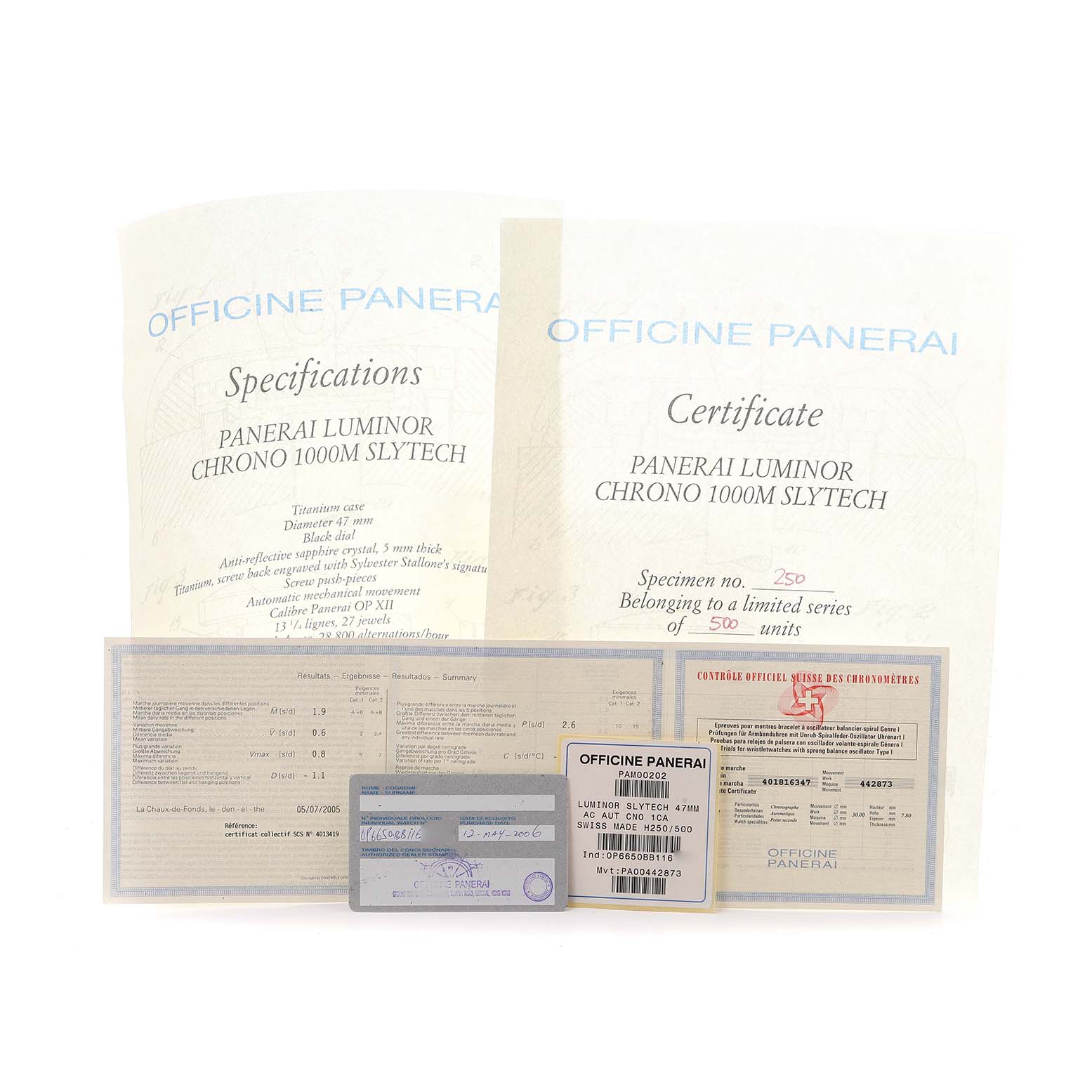 The image shows the certification and specification documents for a Panerai Luminor PAM00202 Men
s Titanium Black Dial Chrono 1000M Slytech watch.