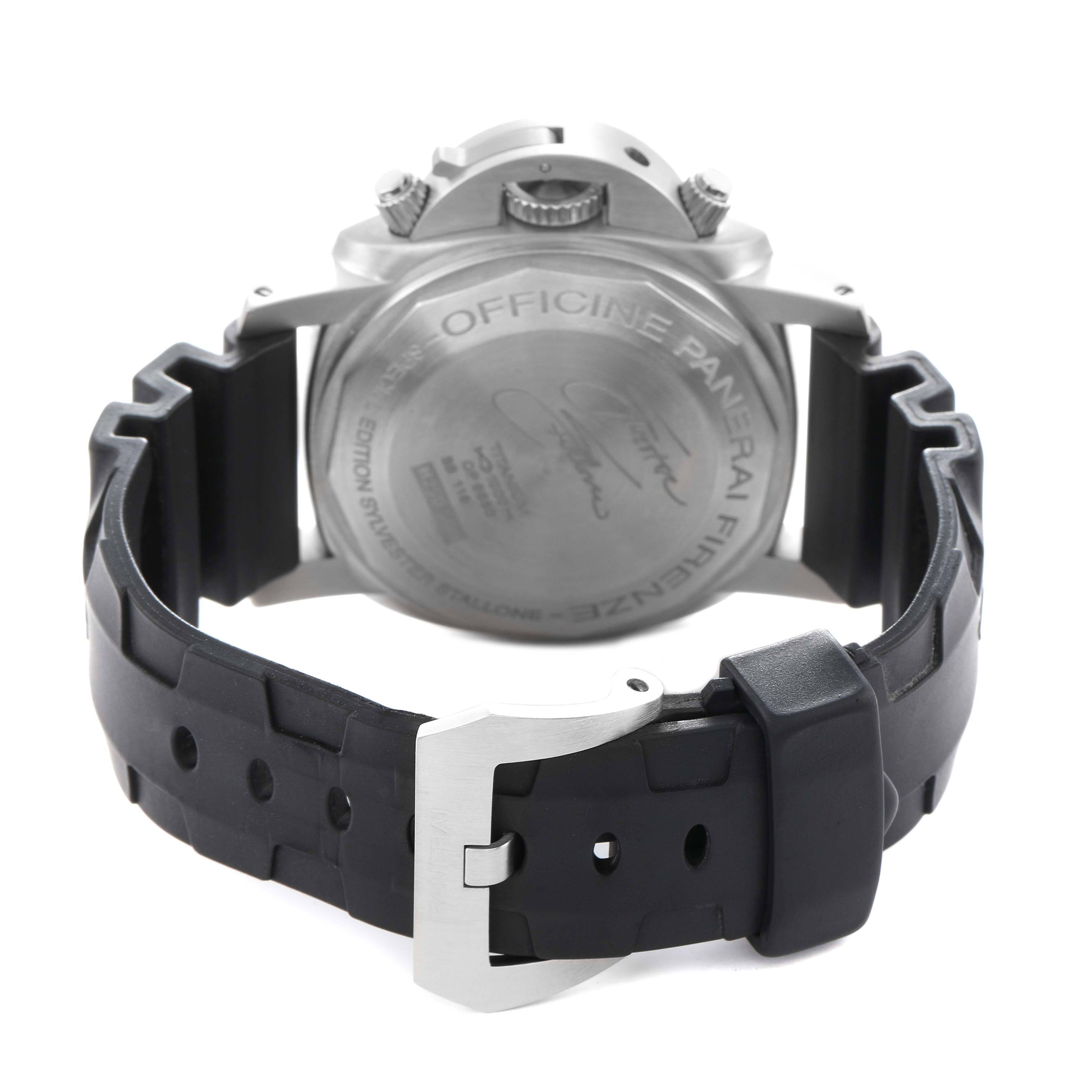 The image shows the back view of a Panerai Luminor PAM00202 Men
s Titanium Black Dial watch, highlighting the case back, signature, and black rubber strap with a buckle.