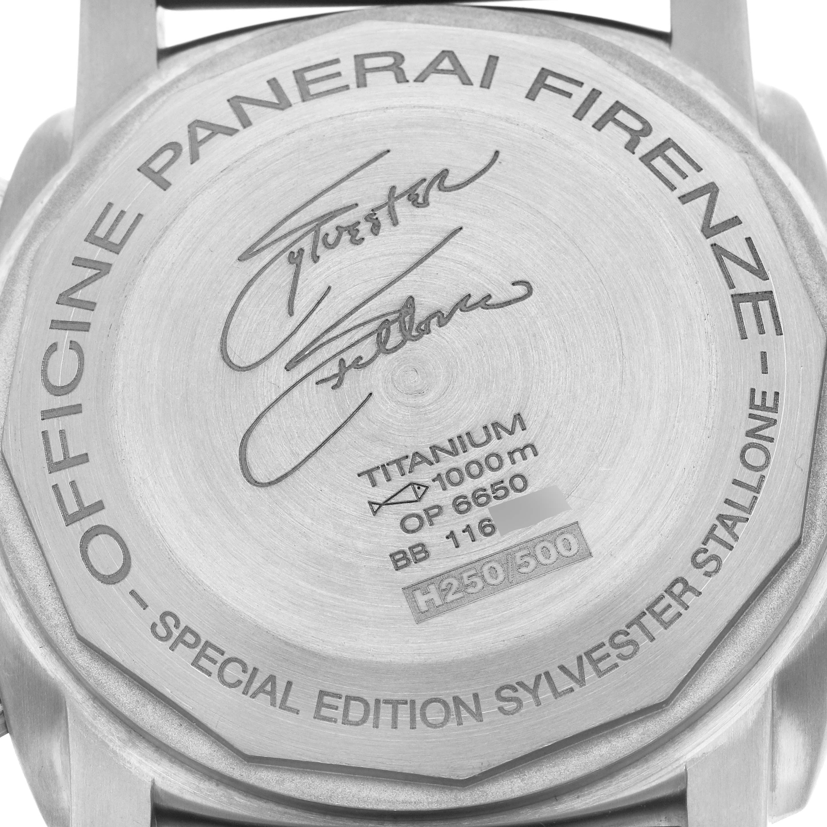 The image shows the back case of a Panerai Luminor PAM00202 Men
s Titanium Black Dial watch, highlighting the special edition engraving.