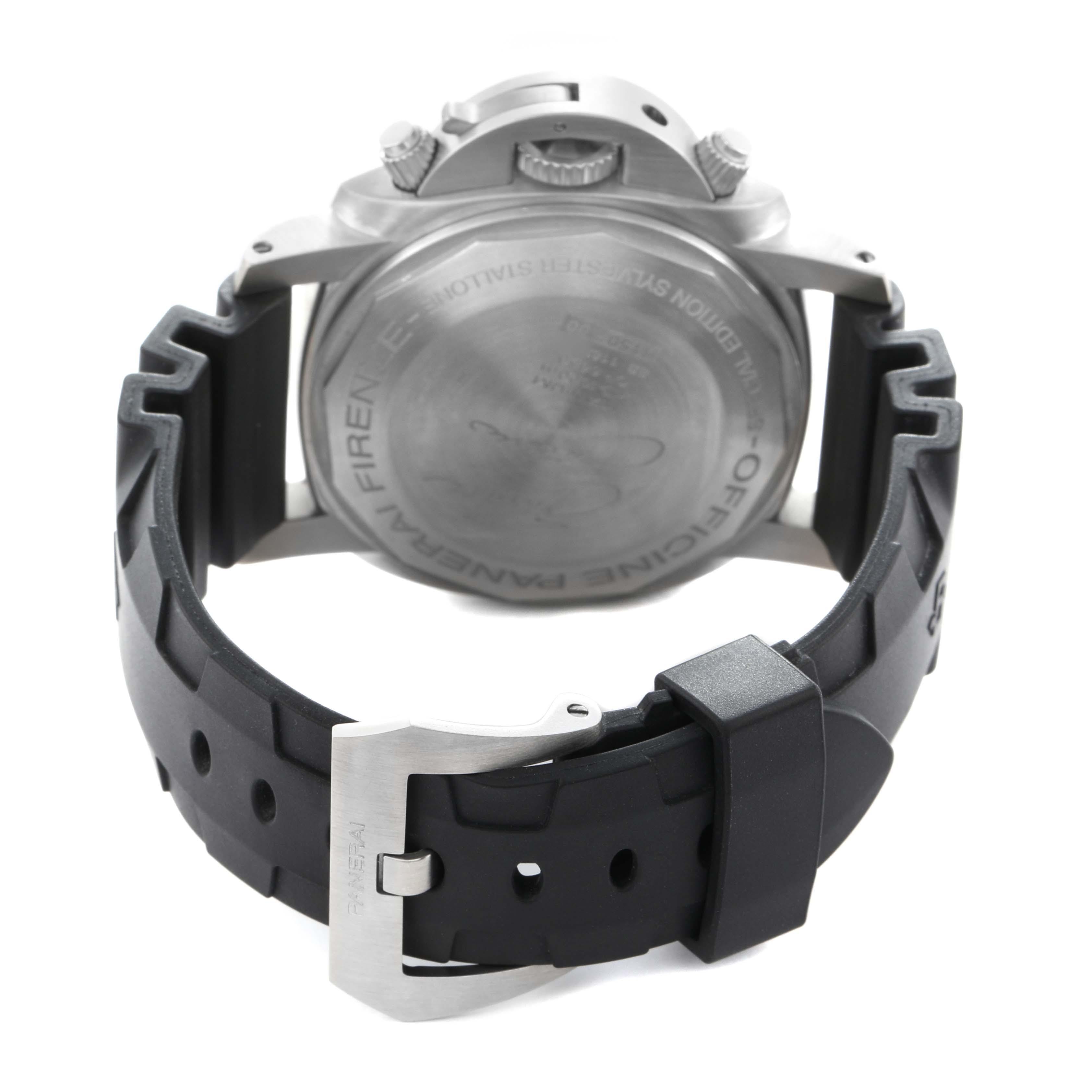 The image shows the back view of a Panerai Submersible PAM00225 Men
s Titanium White Dial watch, highlighting the case back, rubber strap, and buckle.