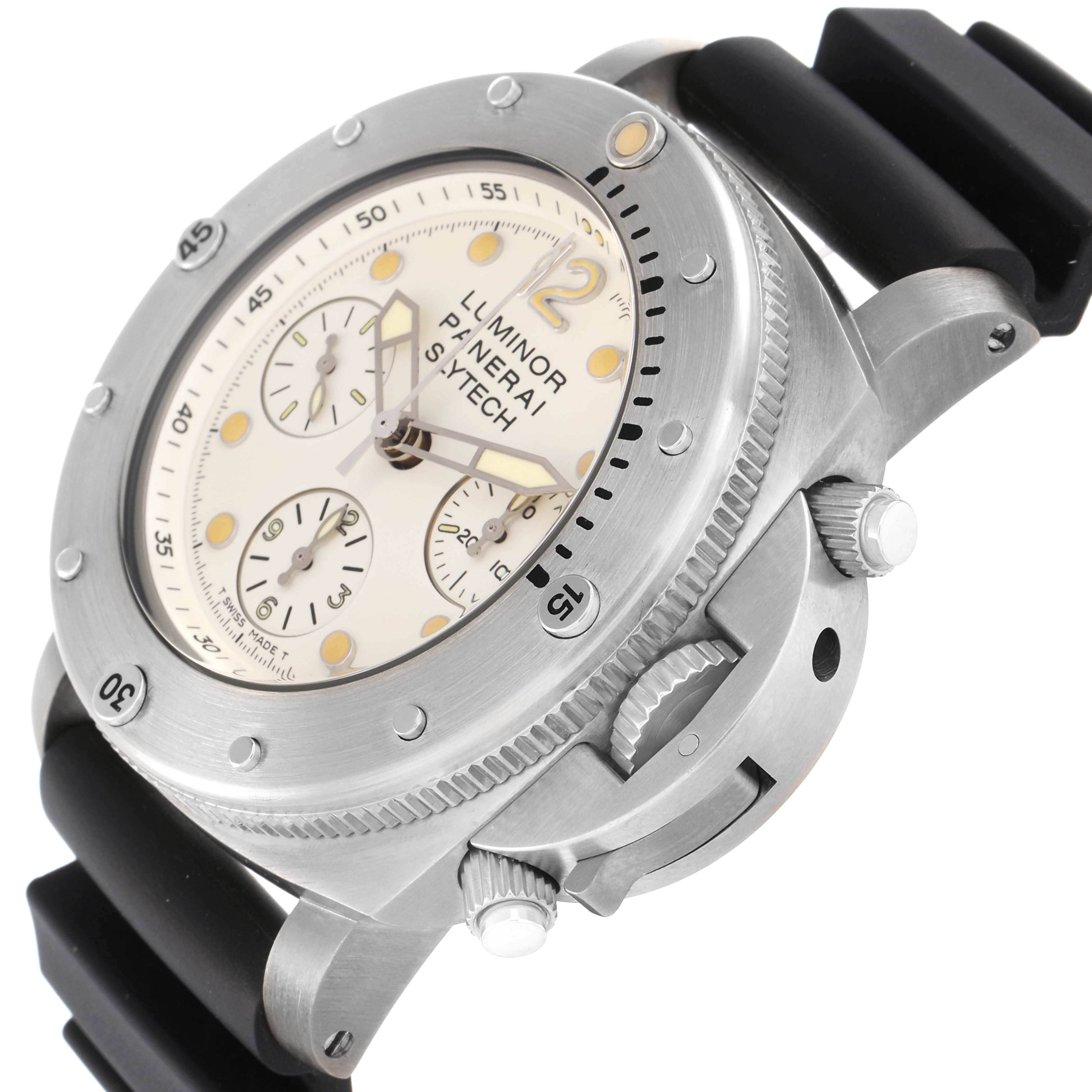 The image shows a side angle of the Panerai Submersible PAM00225 Men
s Titanium White Dial watch, highlighting the bezel, crown guard, and rubber strap.