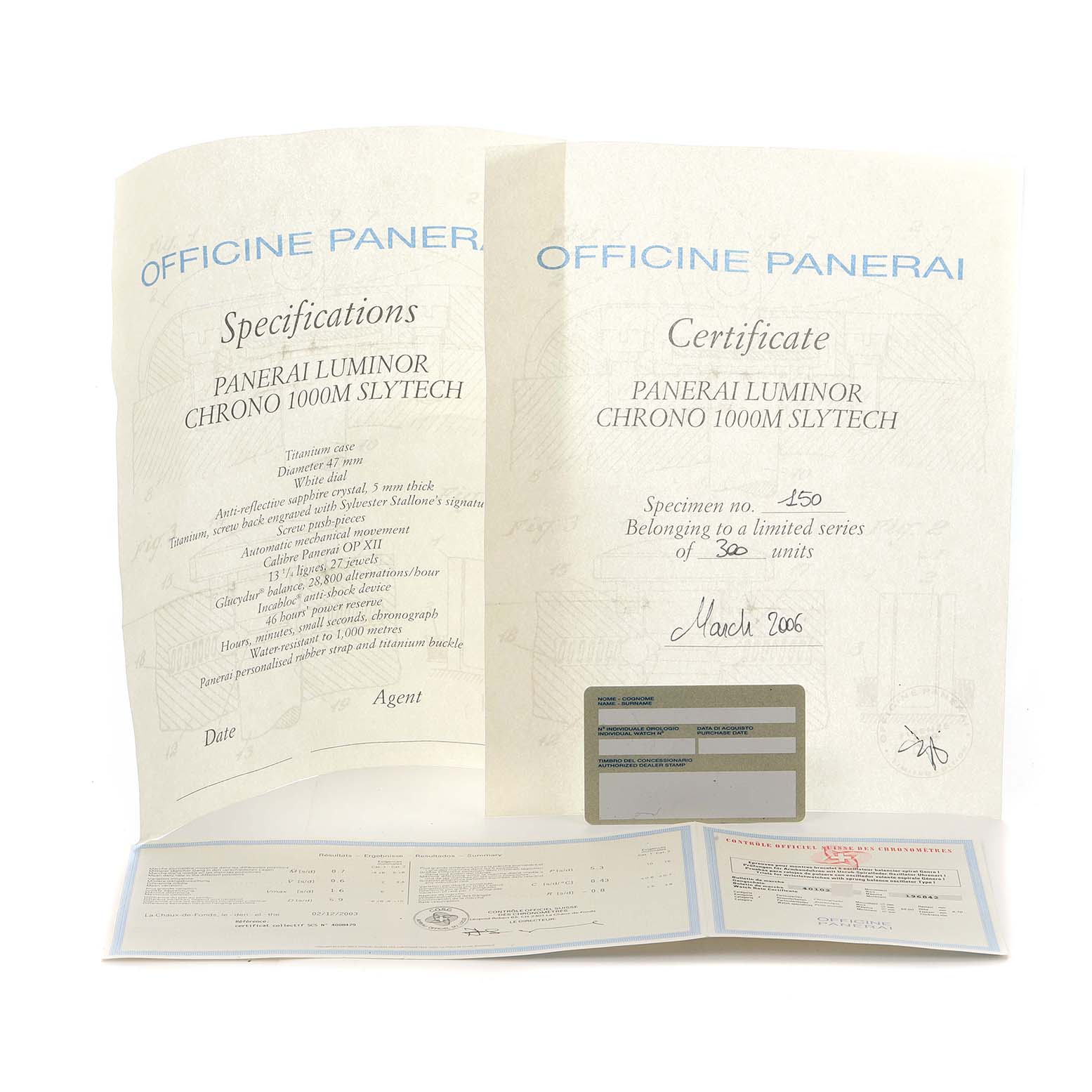 The image shows documentation for a Panerai Luminor Chrono 1000M Slytech, including specification and certificate papers.