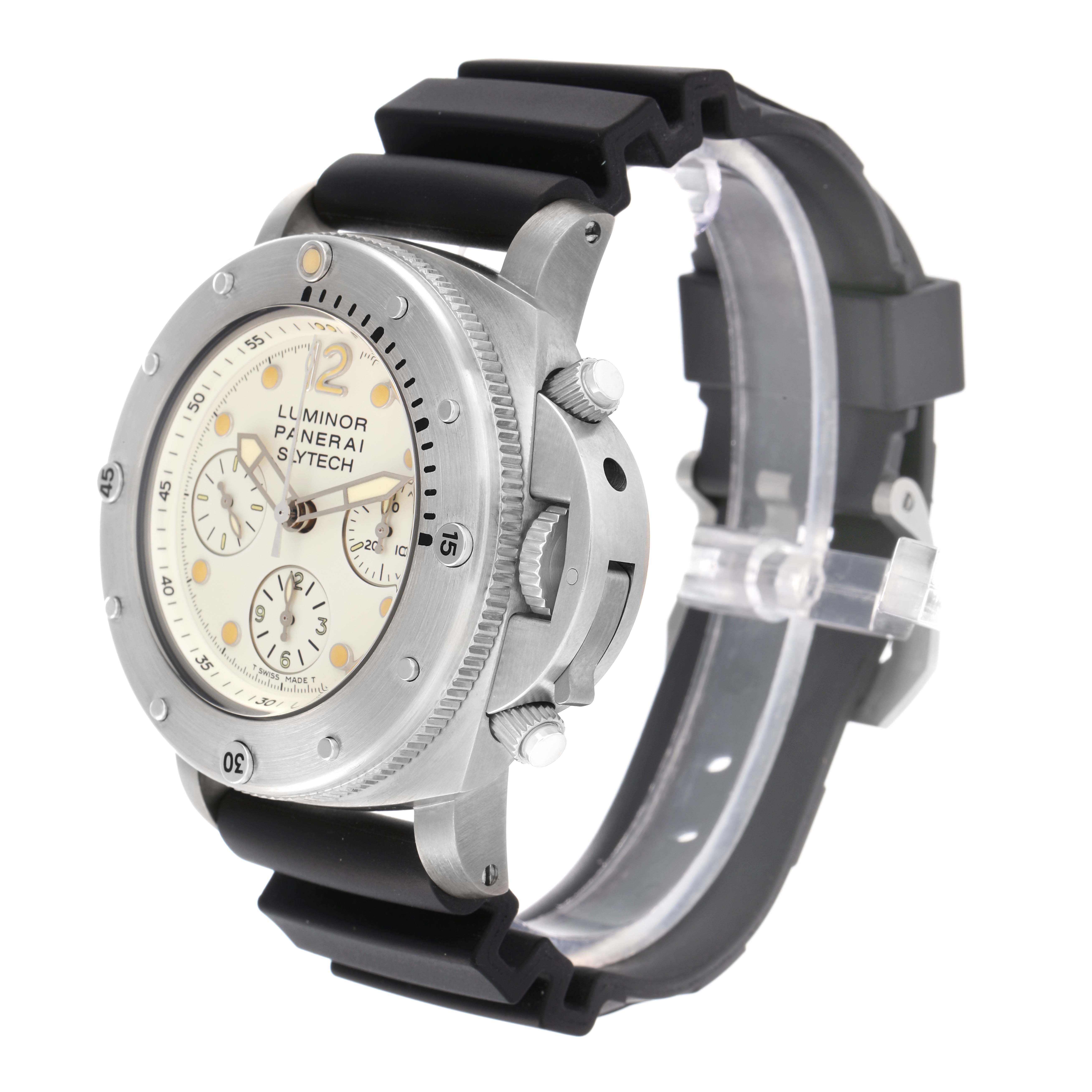 The Panerai Submersible PAM00225 Men
s Titanium White Dial watch is shown at a side angle highlighting the bezel, case, crown guard, and strap.