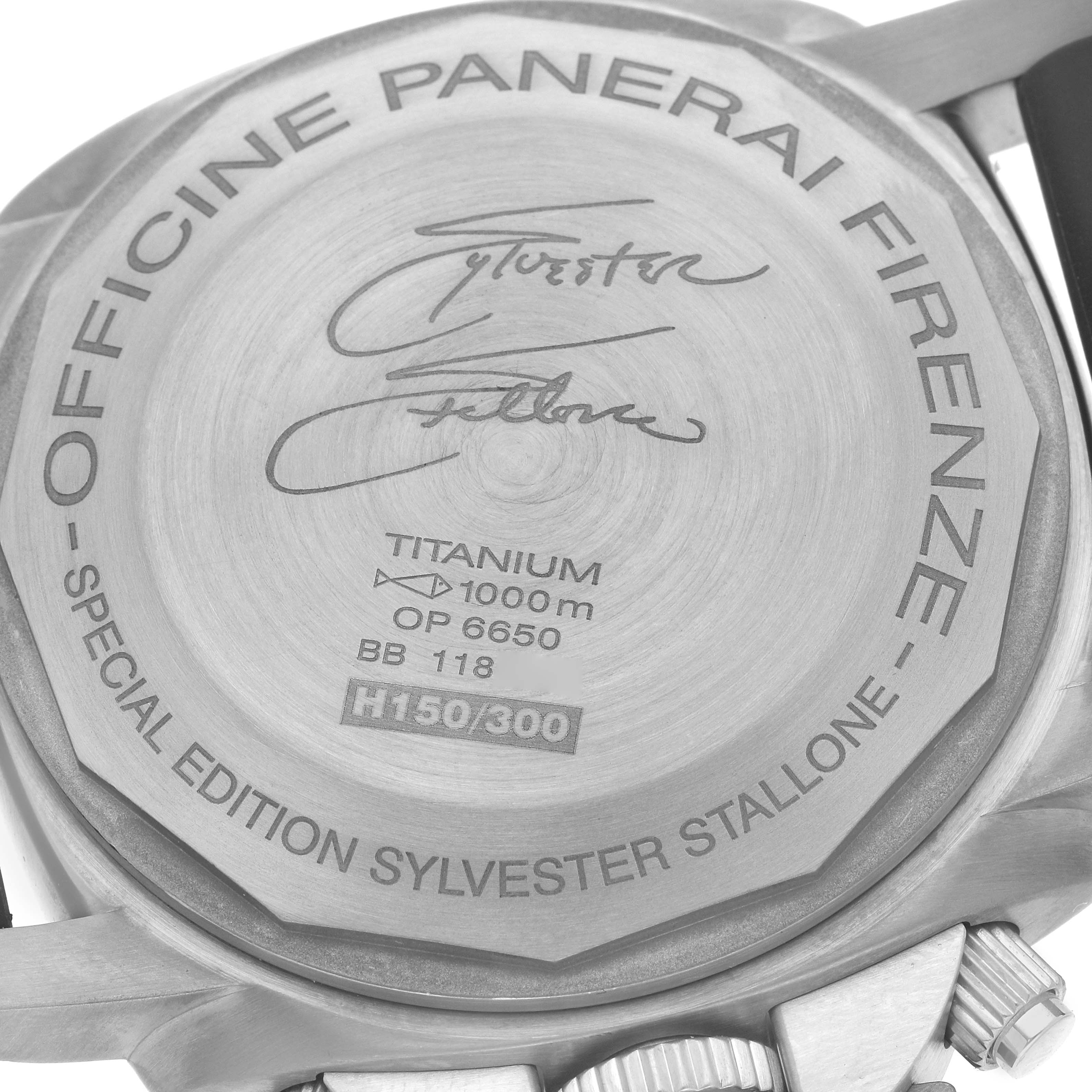 The image shows the back of the Panerai Submersible PAM00225 Men
s Titanium White Dial watch, displaying branding, a signature, and model specifications.