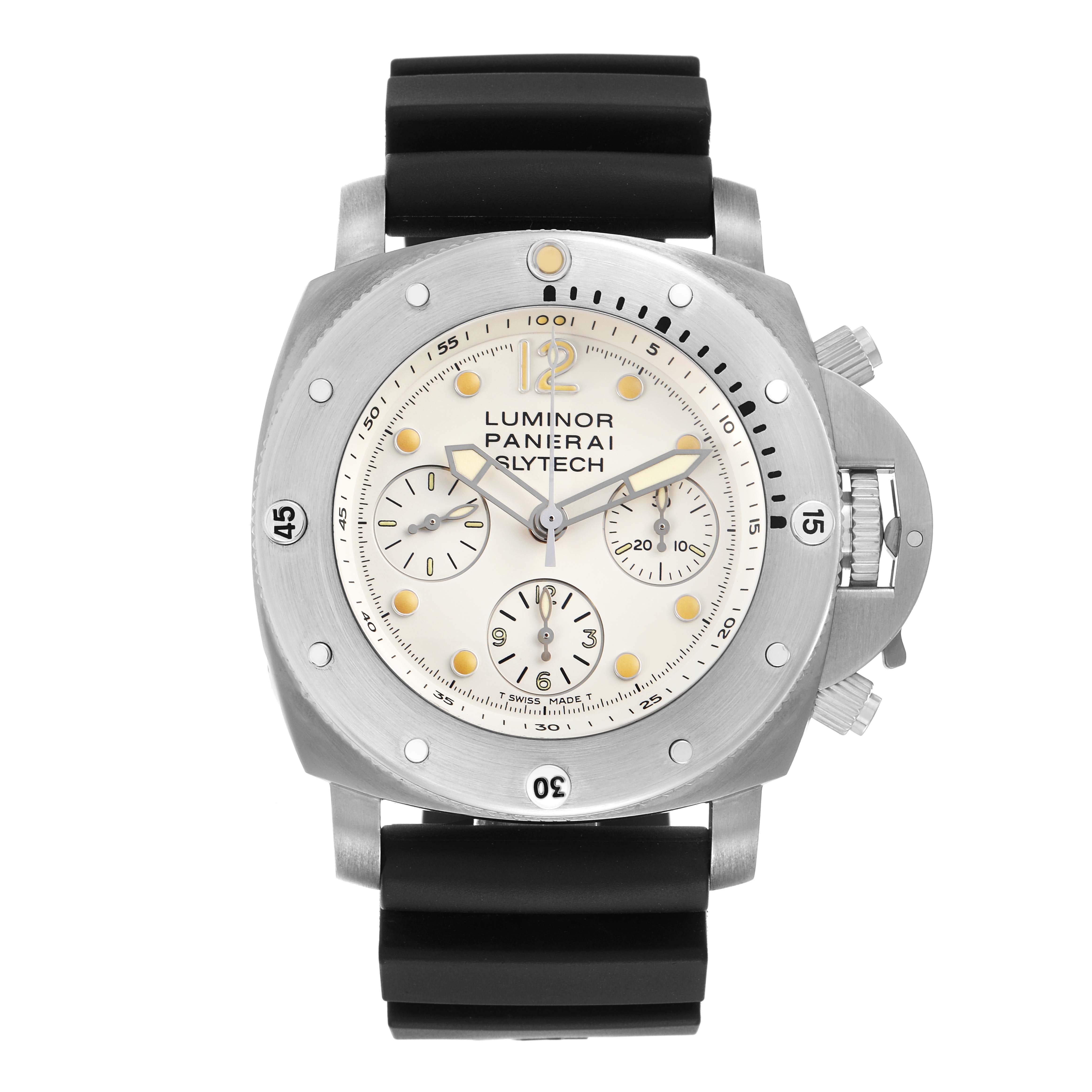 The Panerai Submersible PAM00225 Men
s Titanium White Dial watch is shown from a front-facing angle, highlighting its face, bezel, subdials, and strap.