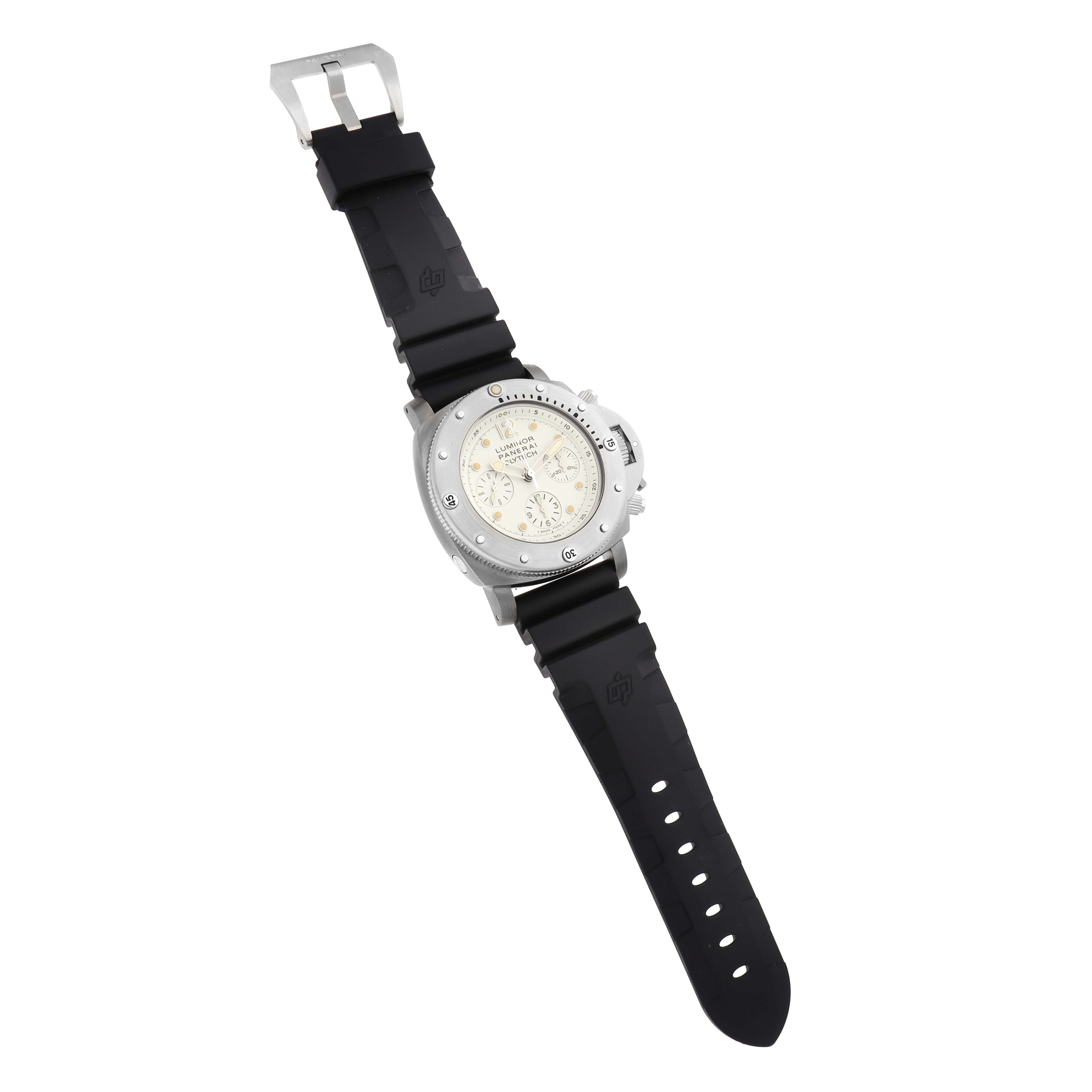 The Panerai Submersible PAM00225 Men
s Titanium White Dial watch is shown from a slightly angled top view, revealing the face, bezel, and rubber strap.