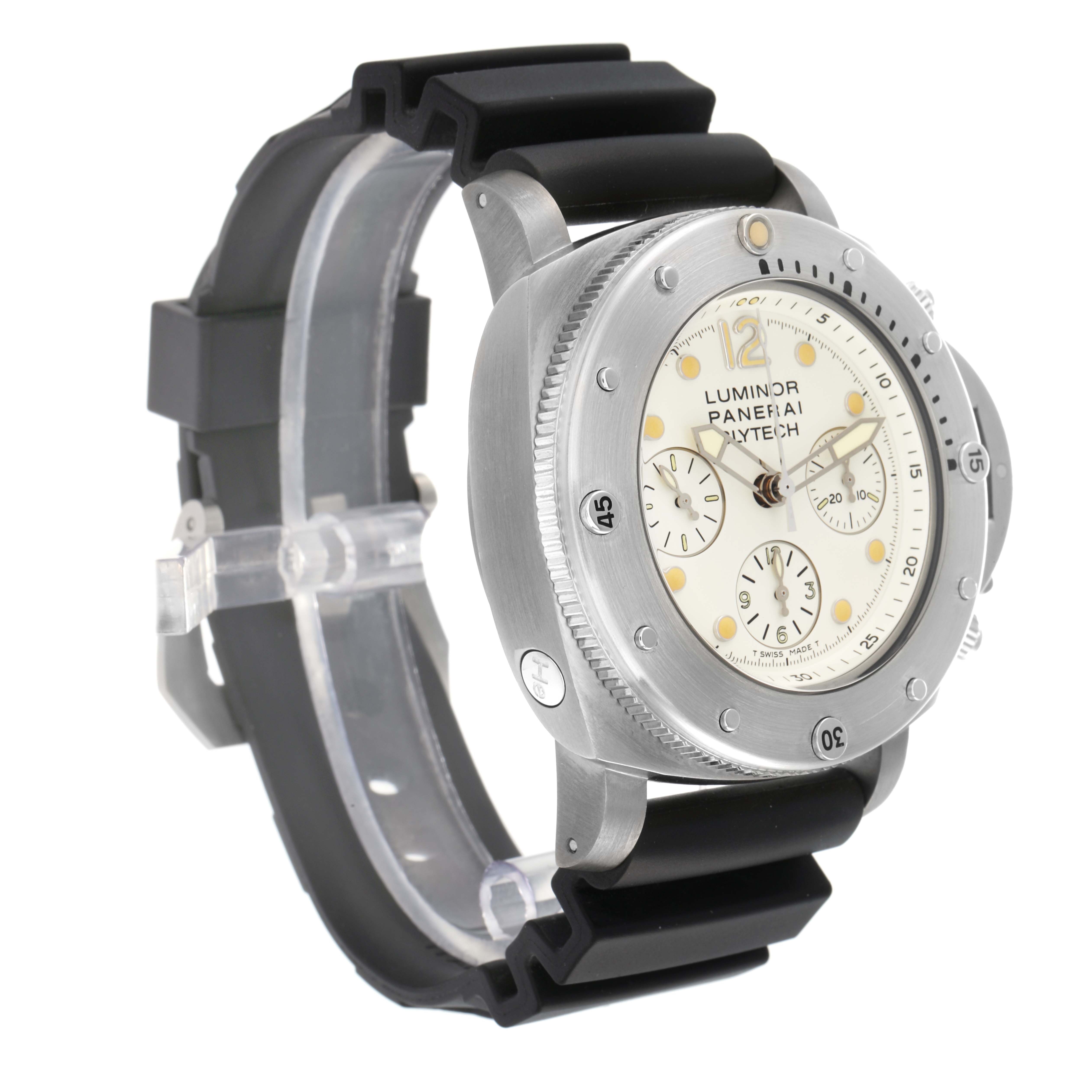 The Panerai Submersible PAM00225 Men
s Titanium White Dial is shown at a side angle, highlighting the bezel, dial, and rubber strap.