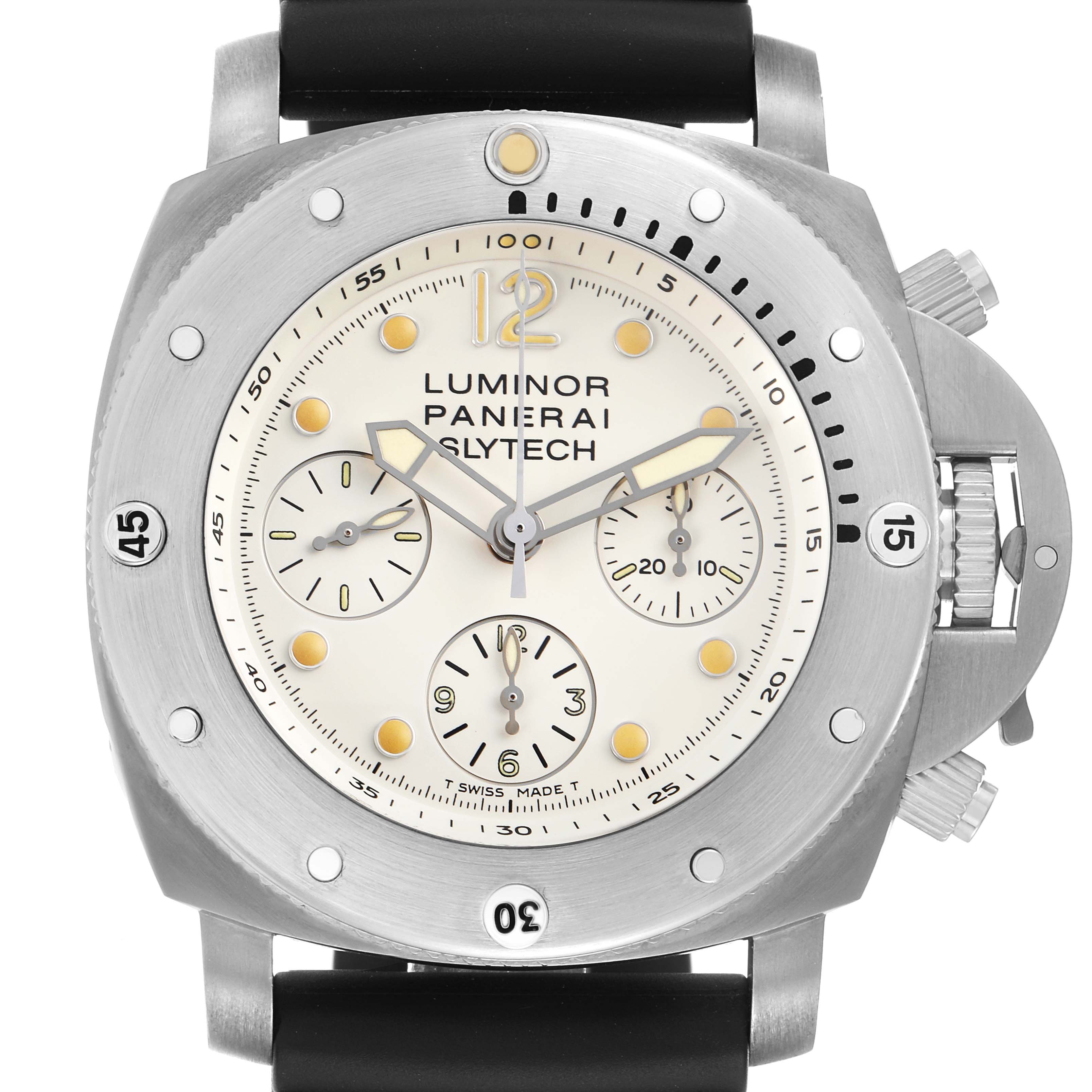 The Panerai Submersible PAM00225 Men
s Titanium White Dial is shown from the front, highlighting the dial, bezel, and chronograph subdials.