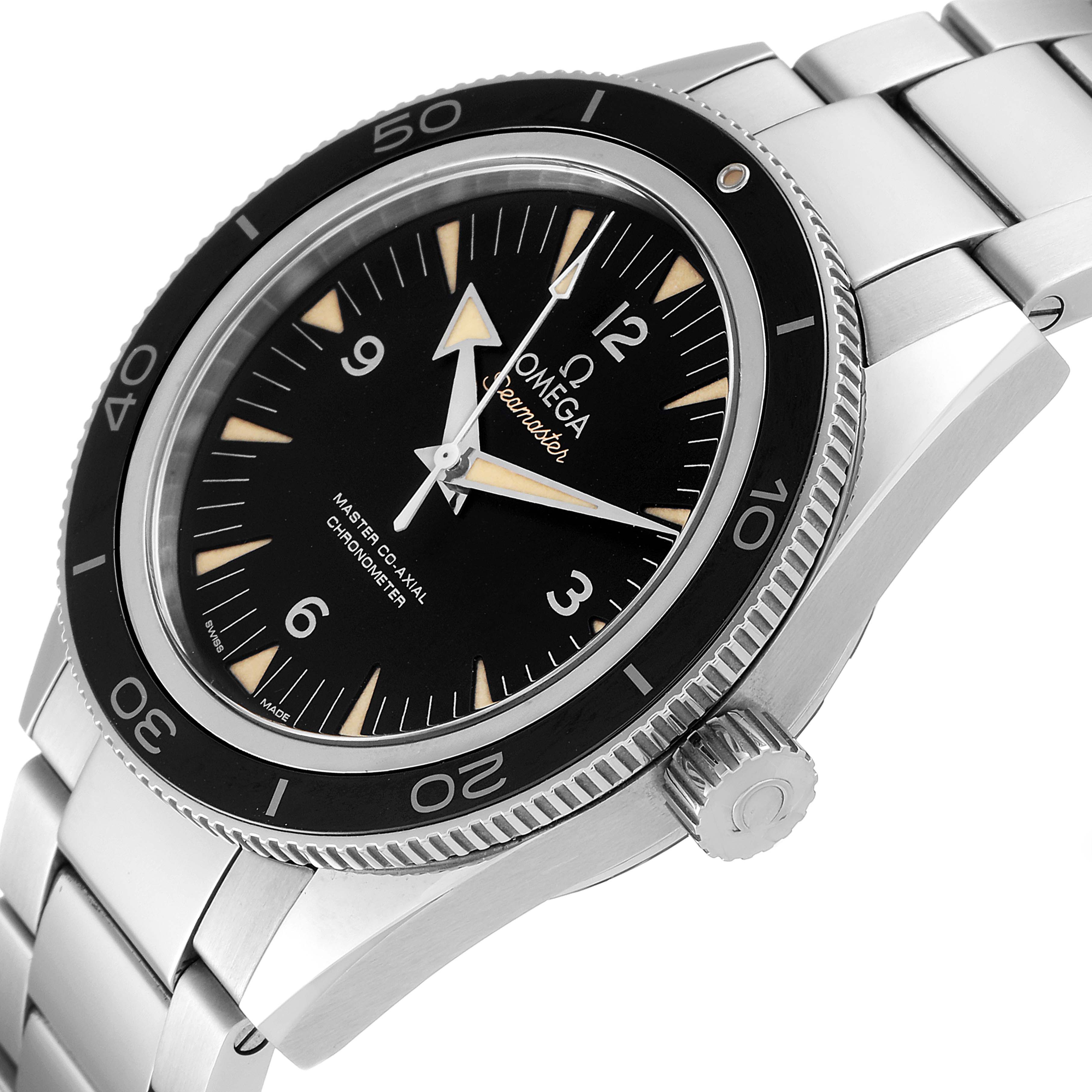 The Omega Seamaster 233.30.41.21.01.001 Men's Stainless Steel Black Dial 233.30.41.21.01.001 Men's Stainless Steel Black Dial watch is shown at an angle highlighting the face, bezel, crown, and part of the bracelet.