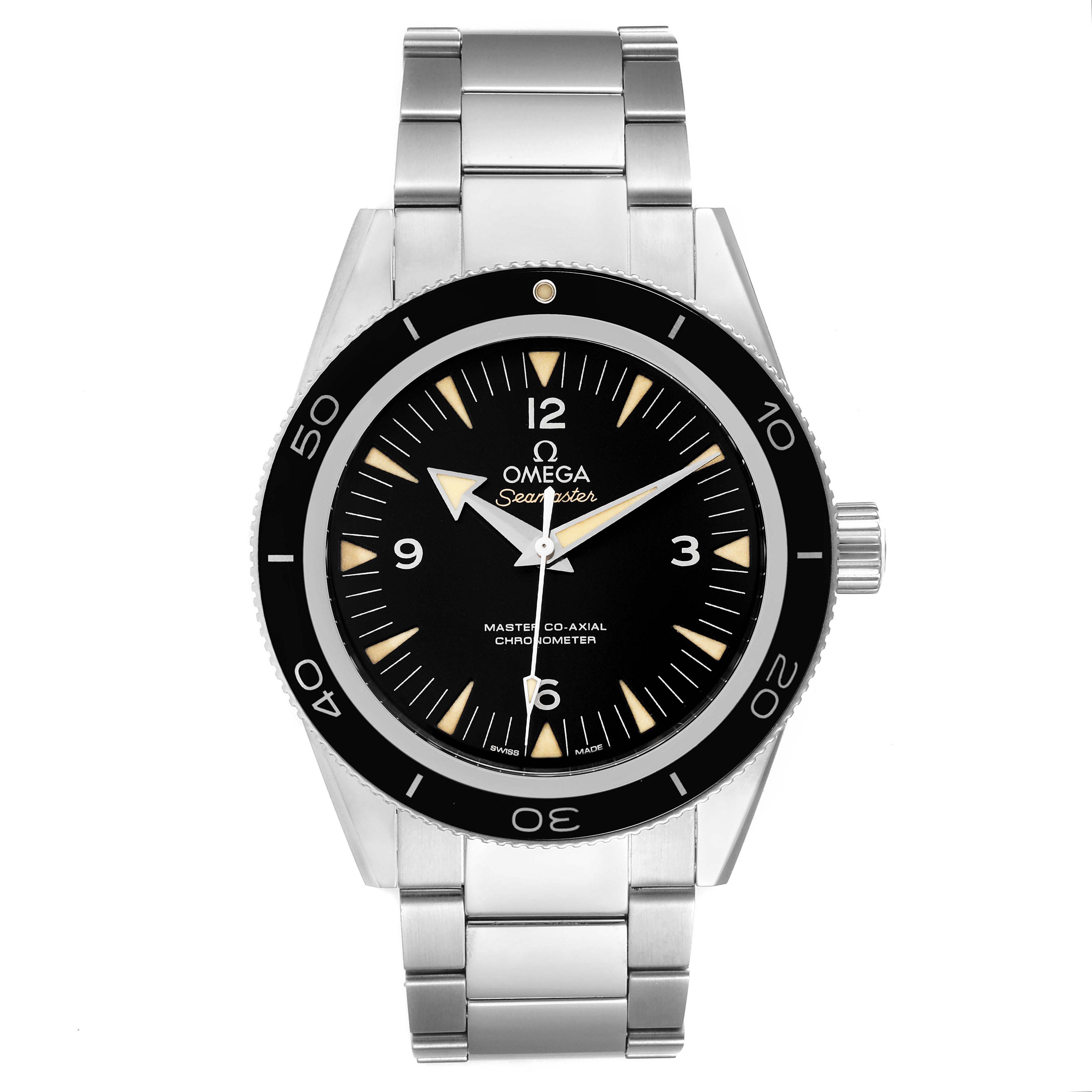 The Omega Seamaster 233.30.41.21.01.001 Men's Stainless Steel Black Dial 233.30.41.21.01.001 Men's Stainless Steel Black Dial watch is shown from a front angle, displaying the dial, bezel, bracelet, and crown.