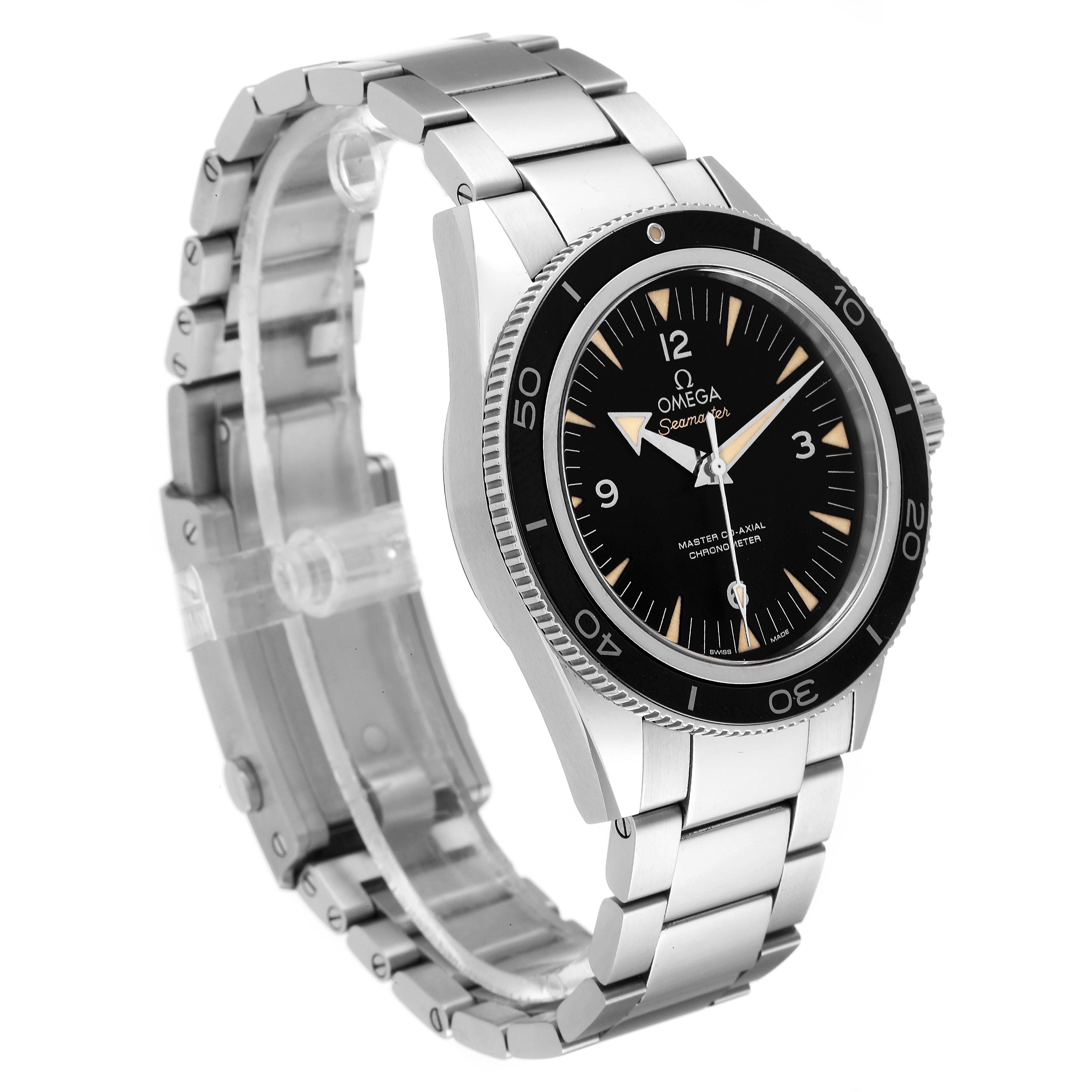 The image shows an Omega Seamaster 233.30.41.21.01.001 Men's Stainless Steel Black Dial 233.30.41.21.01.001 Men's Stainless Steel Black Dial watch at a side angle, highlighting its bracelet, face, and bezel.