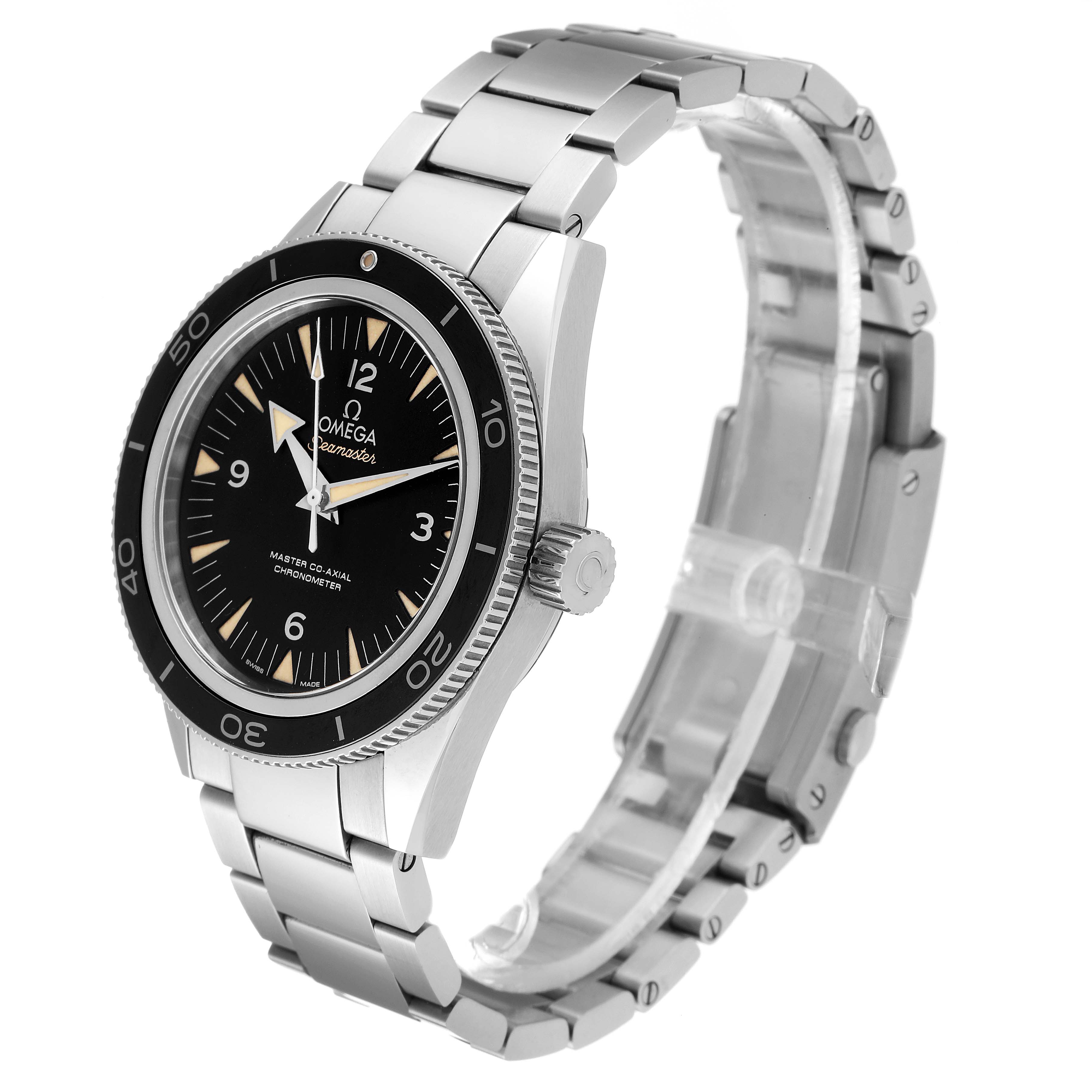 The image shows a side and front angle of the Omega Seamaster 233.30.41.21.01.001 Men's Stainless Steel Black Dial 233.30.41.21.01.001 Men's Stainless Steel Black Dial watch, highlighting its bezel, crown, dial, and bracelet.