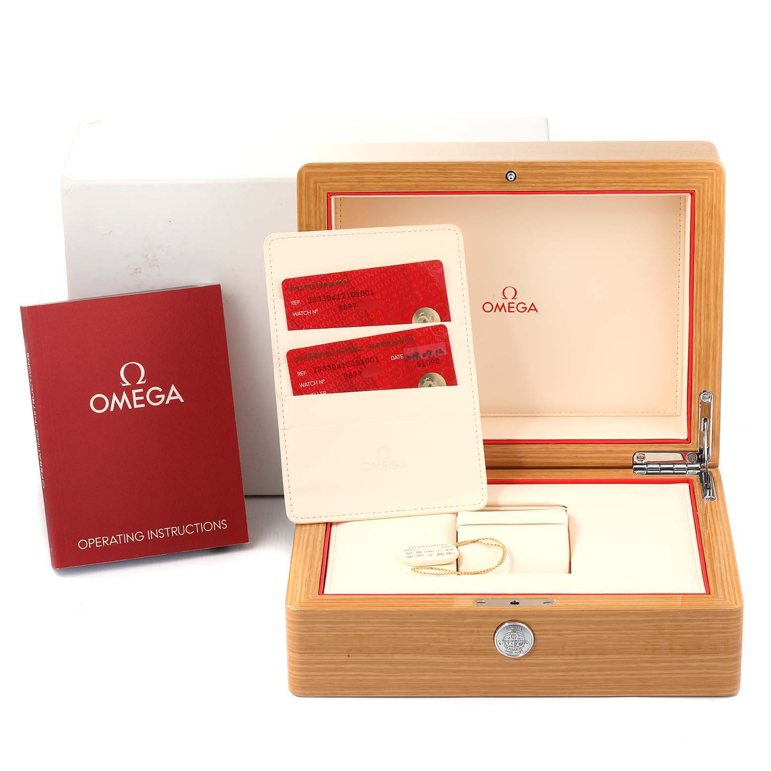 The image shows an Omega Seamaster 233.30.41.21.01.001 Men's Stainless Steel Black Dial 233.30.41.21.01.001 Men's Stainless Steel Black Dial watch box, operating instructions manual, and warranty cards, all presented at a front angle.