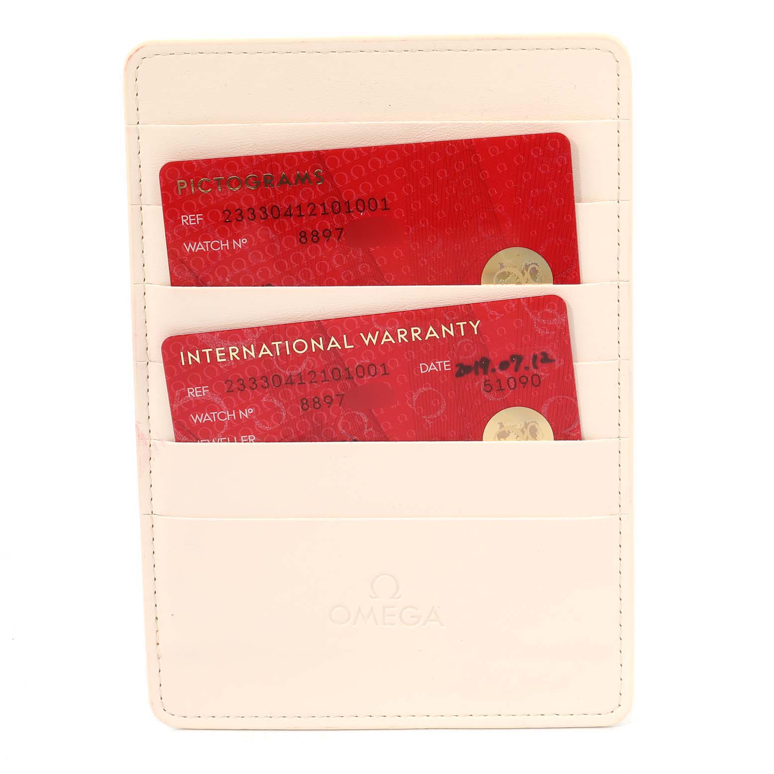 The image shows a white cardholder containing red Pictograms and International Warranty cards for the Omega Seamaster 233.30.41.21.01.001 Men's Stainless Steel Black Dial 233.30.41.21.01.001 Men's Stainless Steel Black Dial watch.