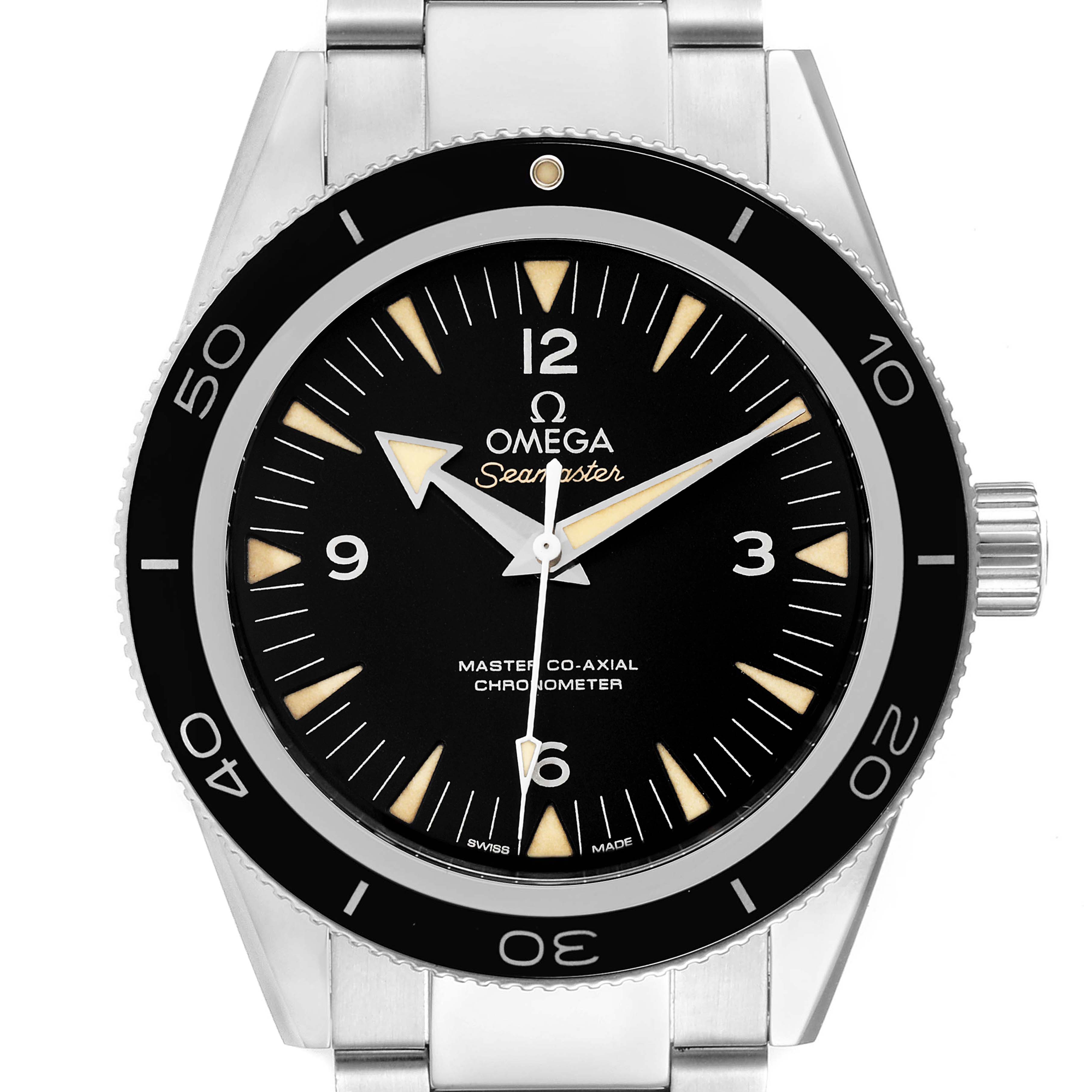 This image shows a front view of an Omega Seamaster 233.30.41.21.01.001 Men's Stainless Steel Black Dial 233.30.41.21.01.001 Men's Stainless Steel Black Dial watch, highlighting its face, bezel, and bracelet links.