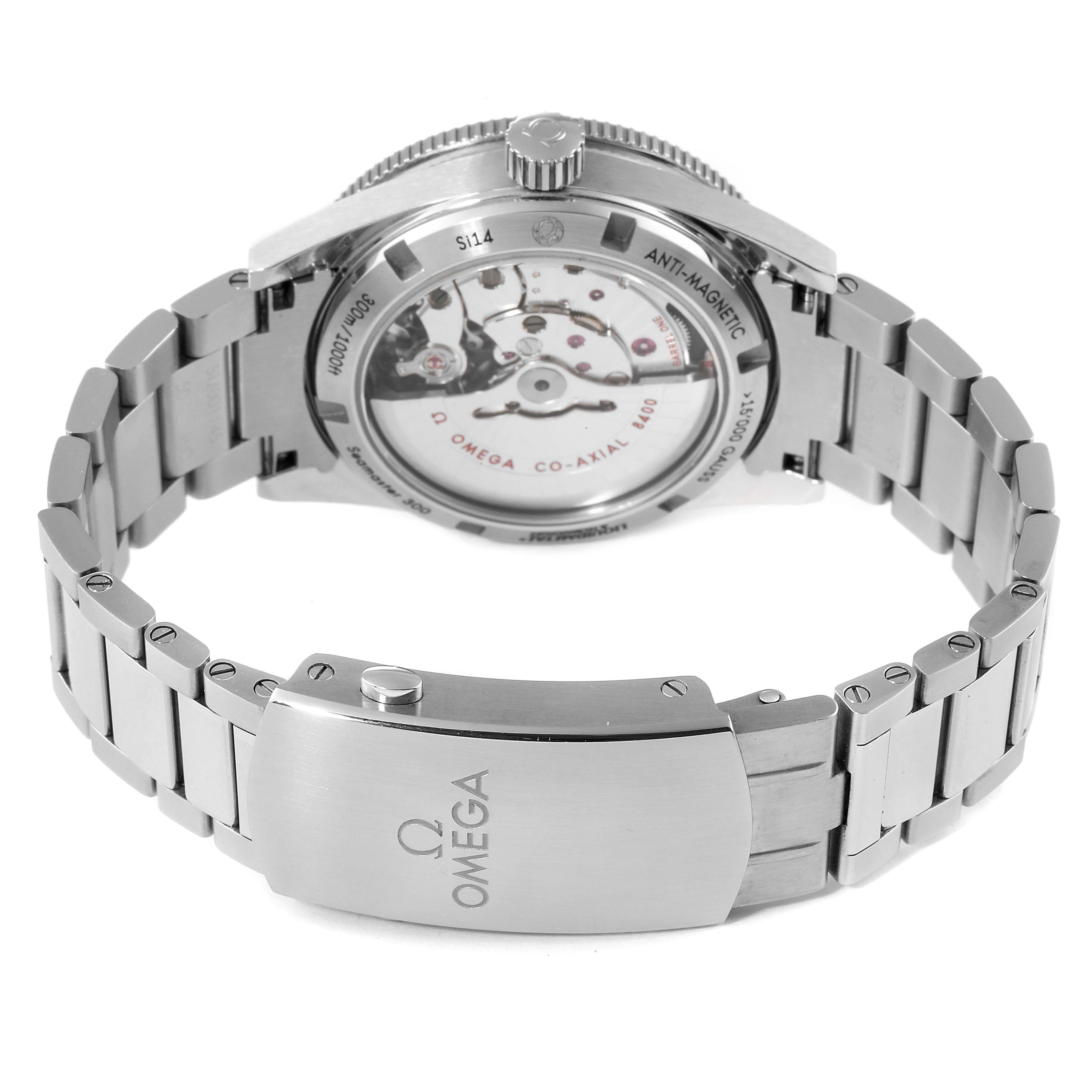 The image shows the back view of an Omega Seamaster 233.30.41.21.01.001 Men's Stainless Steel Black Dial 233.30.41.21.01.001 Men's Stainless Steel Black Dial watch, highlighting its transparent case back and metal bracelet.