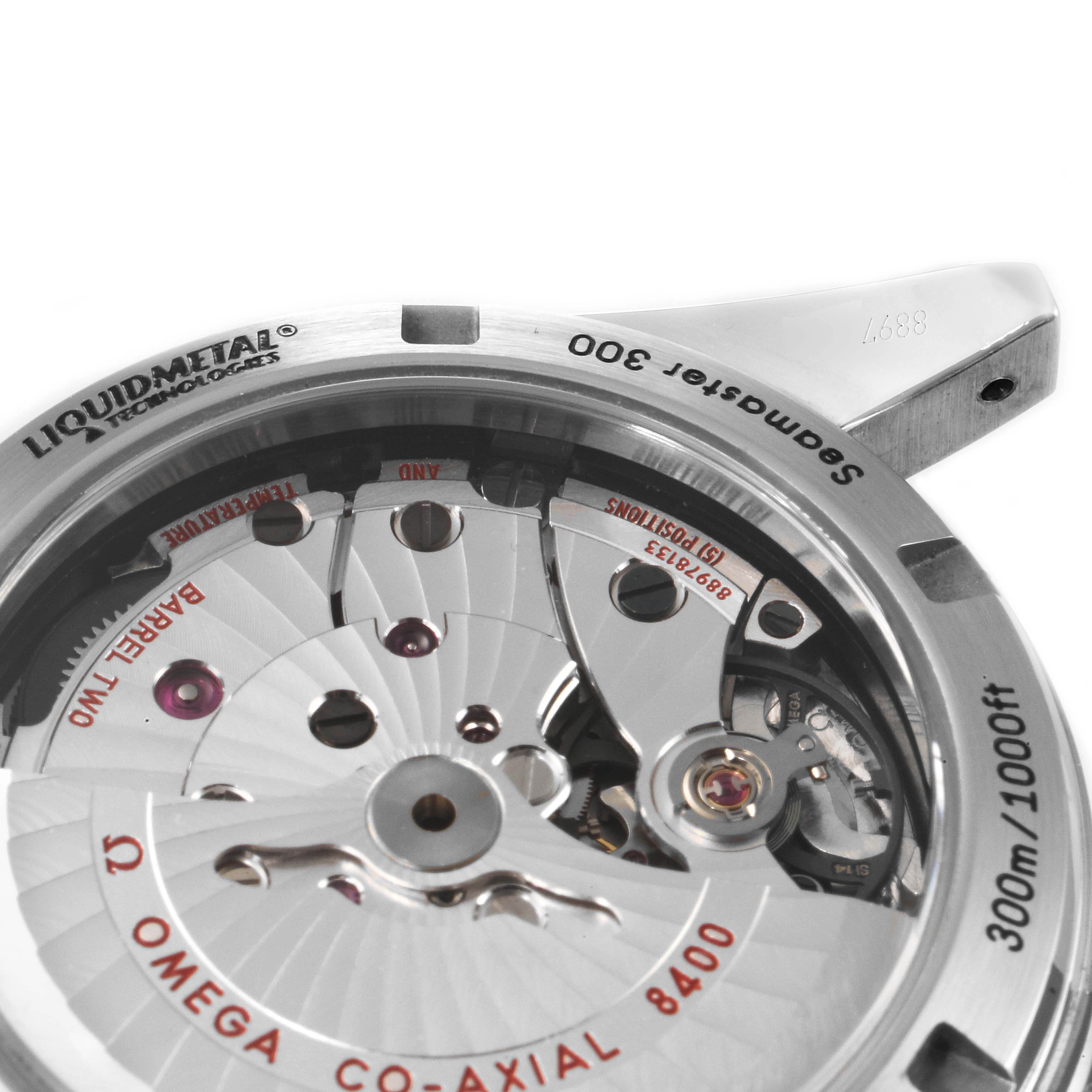 This image shows a close-up of the Omega Seamaster 233.30.41.21.01.001 Men's Stainless Steel Black Dial 233.30.41.21.01.001 Men's Stainless Steel Black Dial 300's rear side, highlighting the movement and internal components.