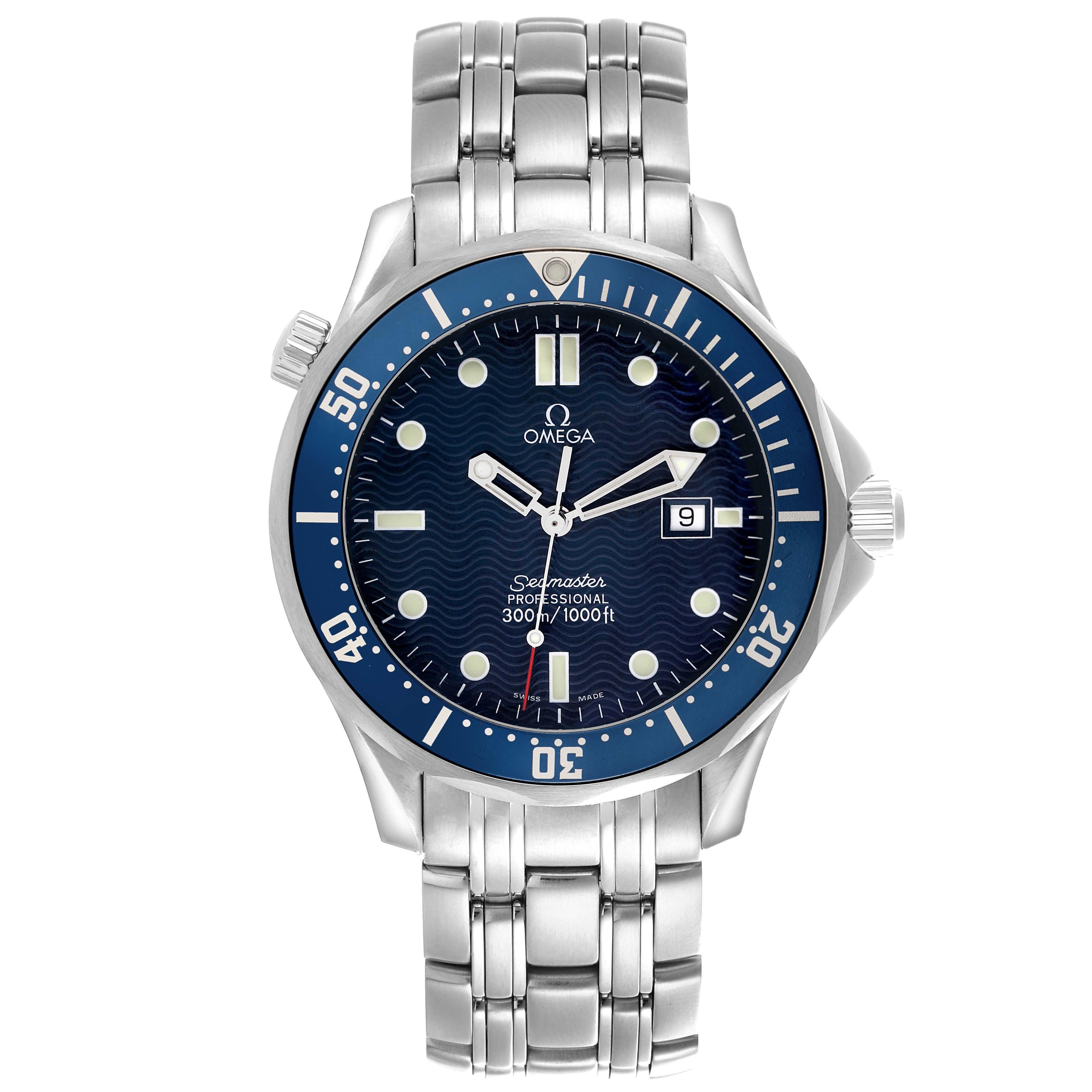 The Omega Seamaster 2541.80.00 Men
s Stainless Steel Blue Dial watch is shown from the front, displaying its face, bezel, dial, and bracelet.