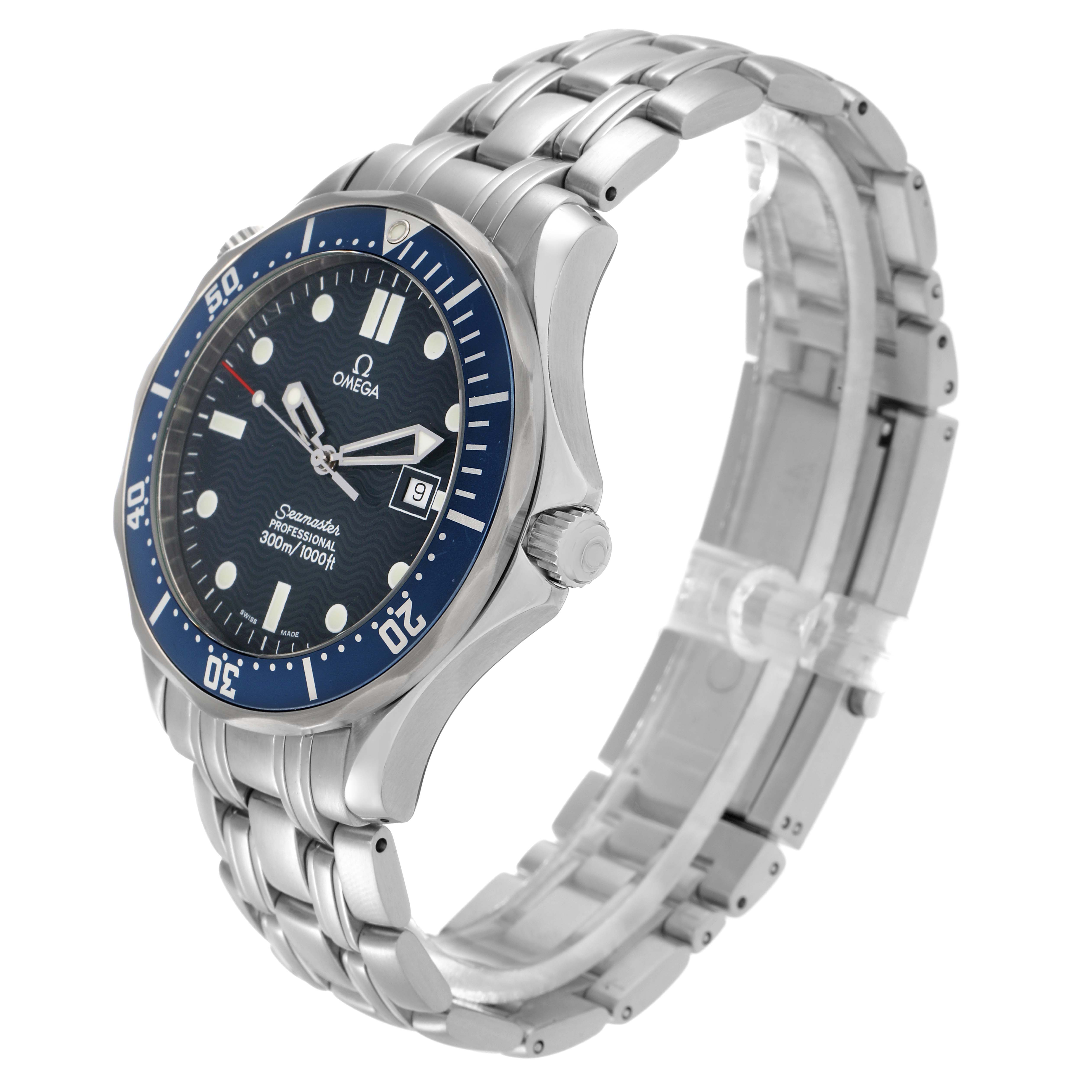 The Omega Seamaster 2541.80.00 Men
s Stainless Steel Blue Dial watch is shown at an angled side view, displaying the bezel, dial, crown, and stainless steel bracelet.