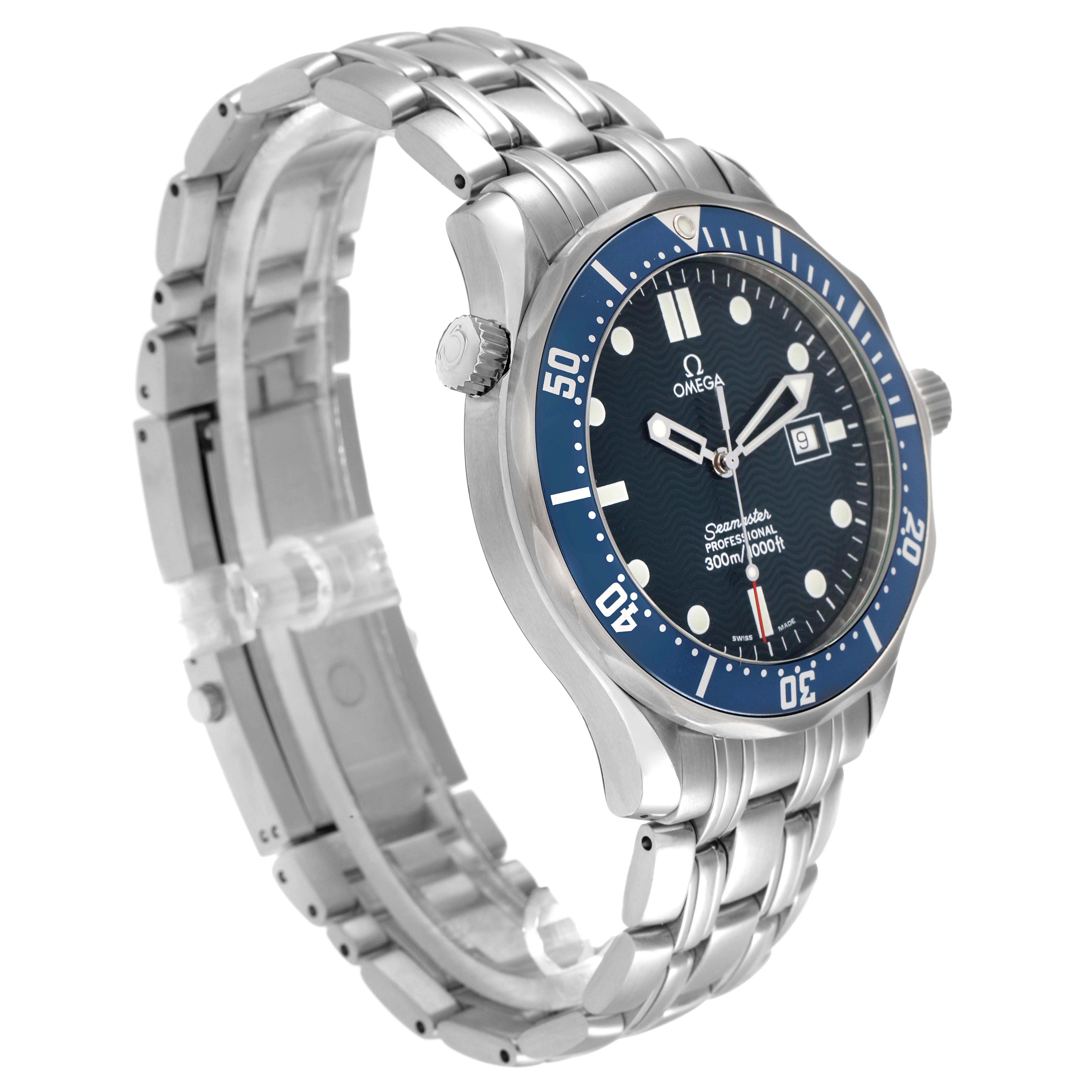 The Omega Seamaster 2541.80.00 Men
s Stainless Steel Blue Dial watch is shown at a three-quarter angle, highlighting the bezel, face, crown, and bracelet.