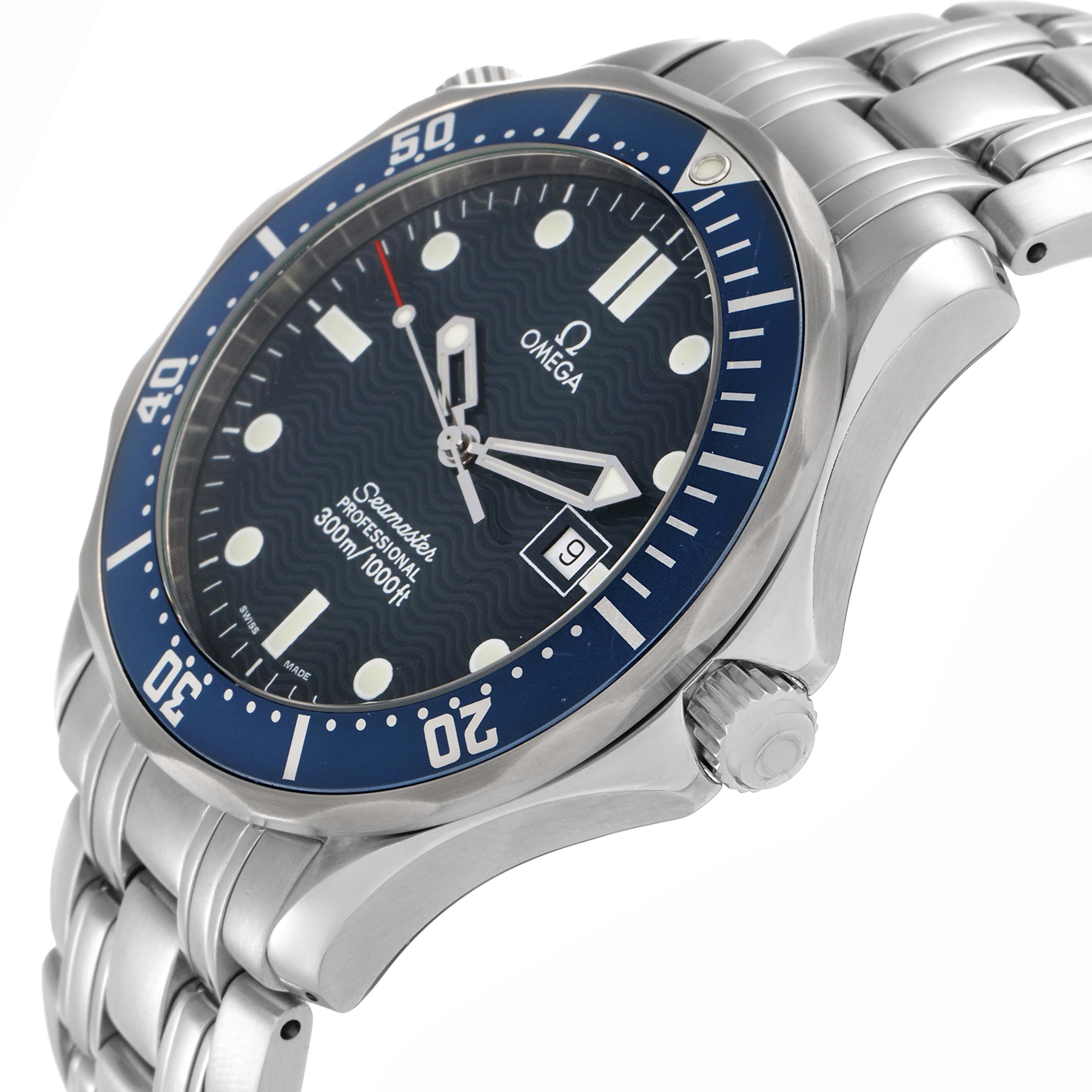 The Omega Seamaster 2541.80.00 Men
s Stainless Steel Blue Dial watch is shown from a side angle, highlighting the bezel, dial, bracelet, and crown.