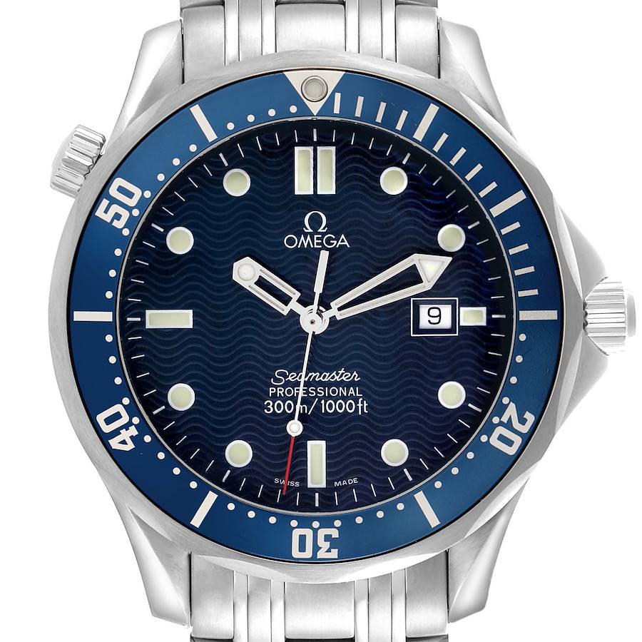 The Omega Seamaster model 2541.80.00 is shown from a front angle, highlighting its blue dial, date display, and stainless steel bracelet.