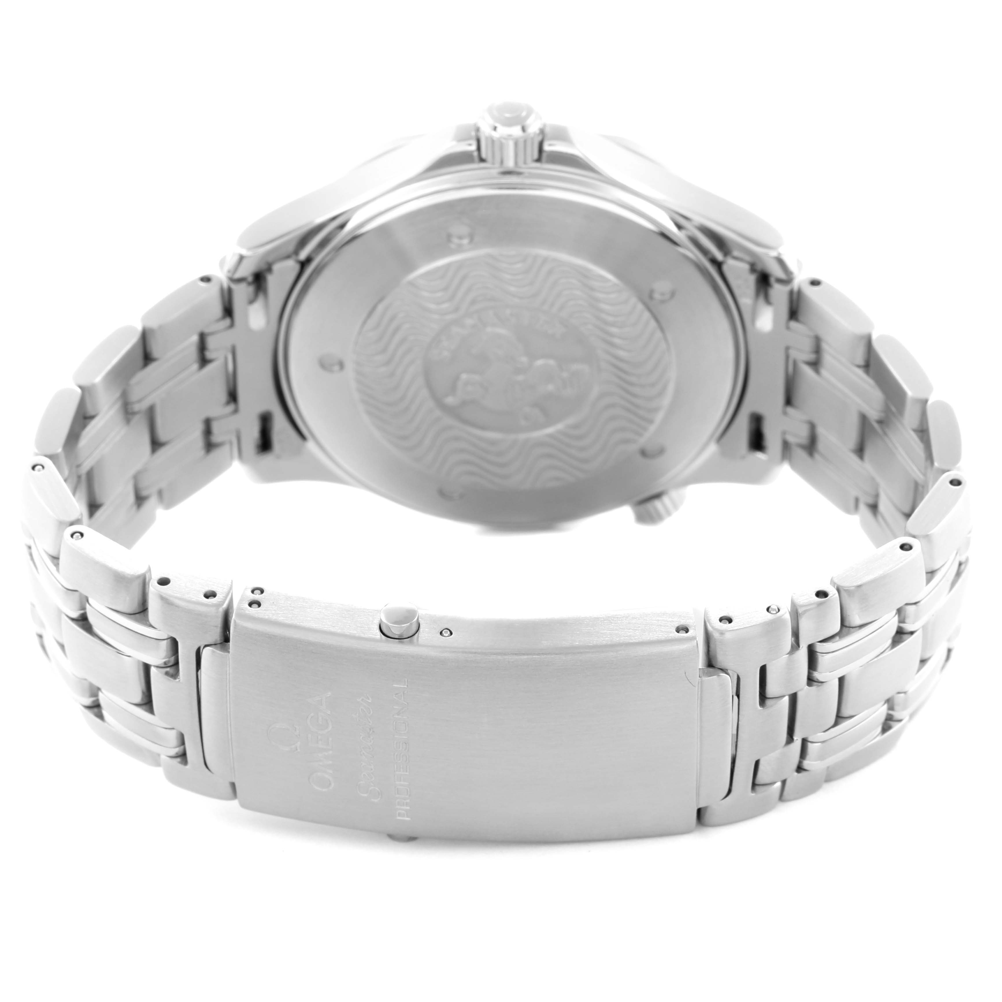 The Omega Seamaster 2541.80.00 Men
s Stainless Steel Blue Dial watch is shown from the back, highlighting the case back, bracelet, and clasp.