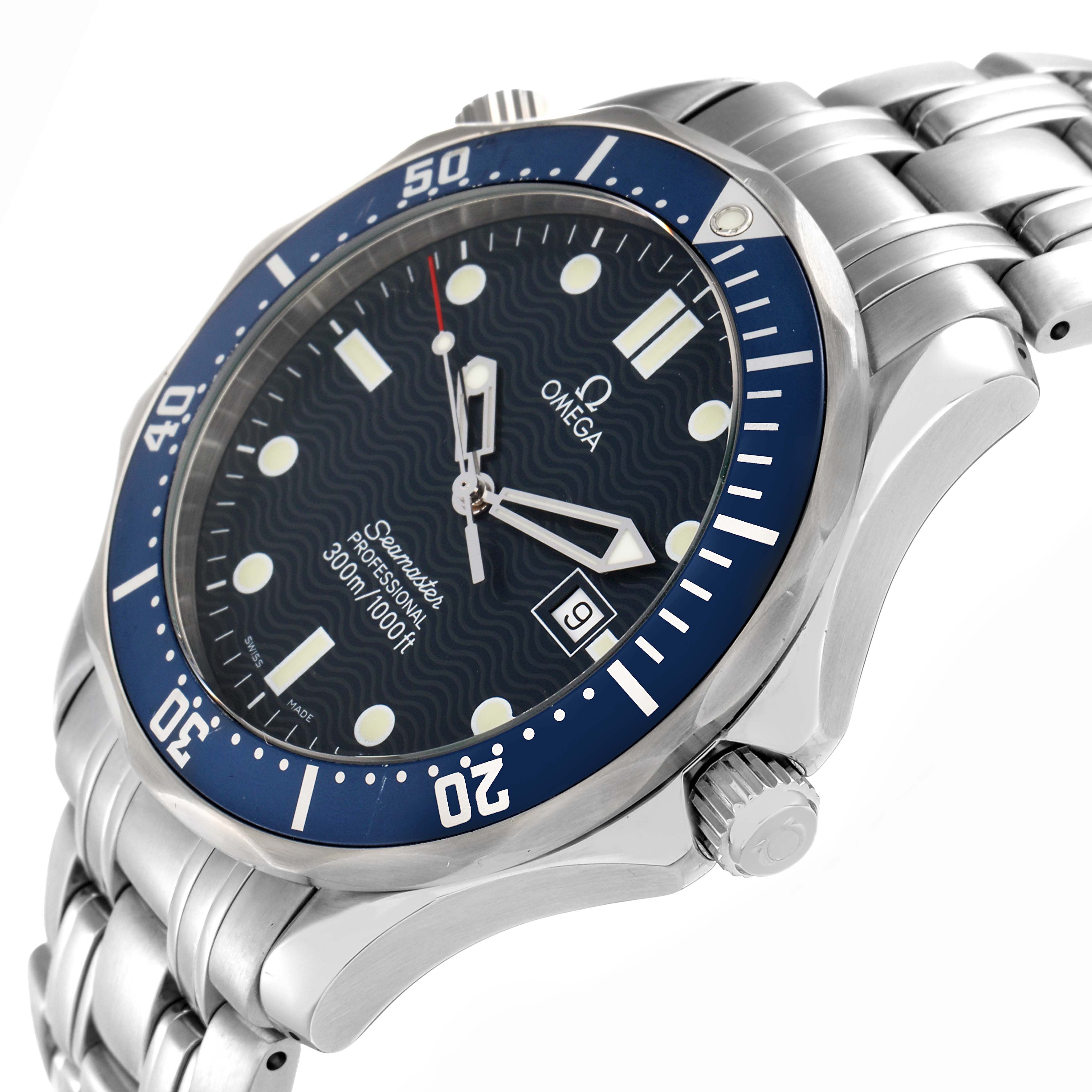 The Omega Seamaster 2541.80.00 Men
s Stainless Steel Blue Dial watch is shown at an angled side view, highlighting the bezel, dial, crown, and bracelet.