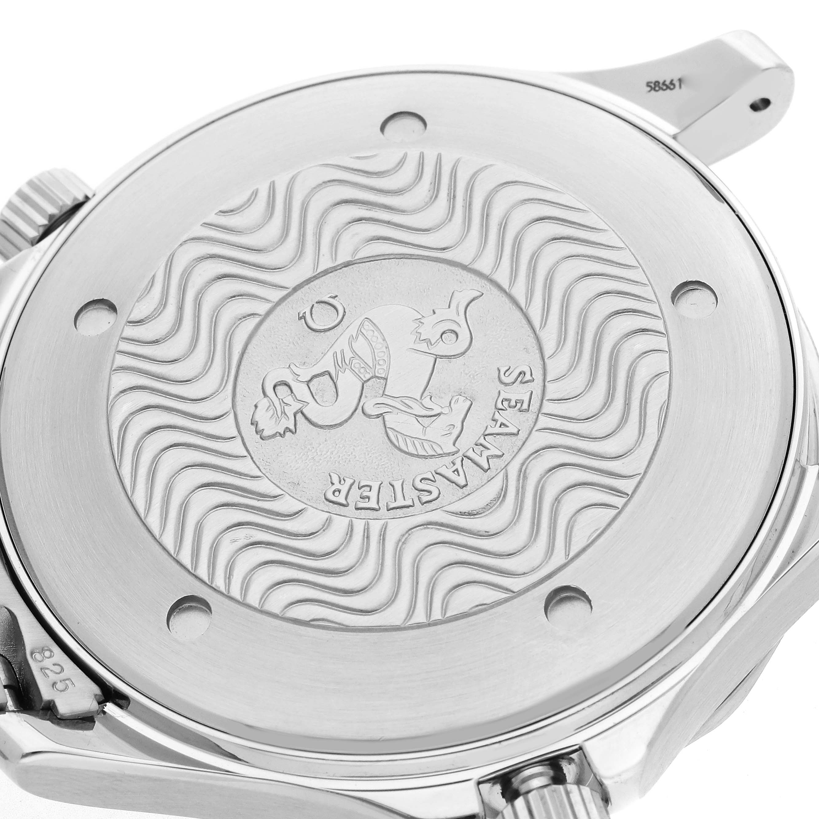 The image shows the back case of an Omega Seamaster 2541.80.00 Men
s Stainless Steel Blue Dial watch featuring an engraved wave pattern and logo.