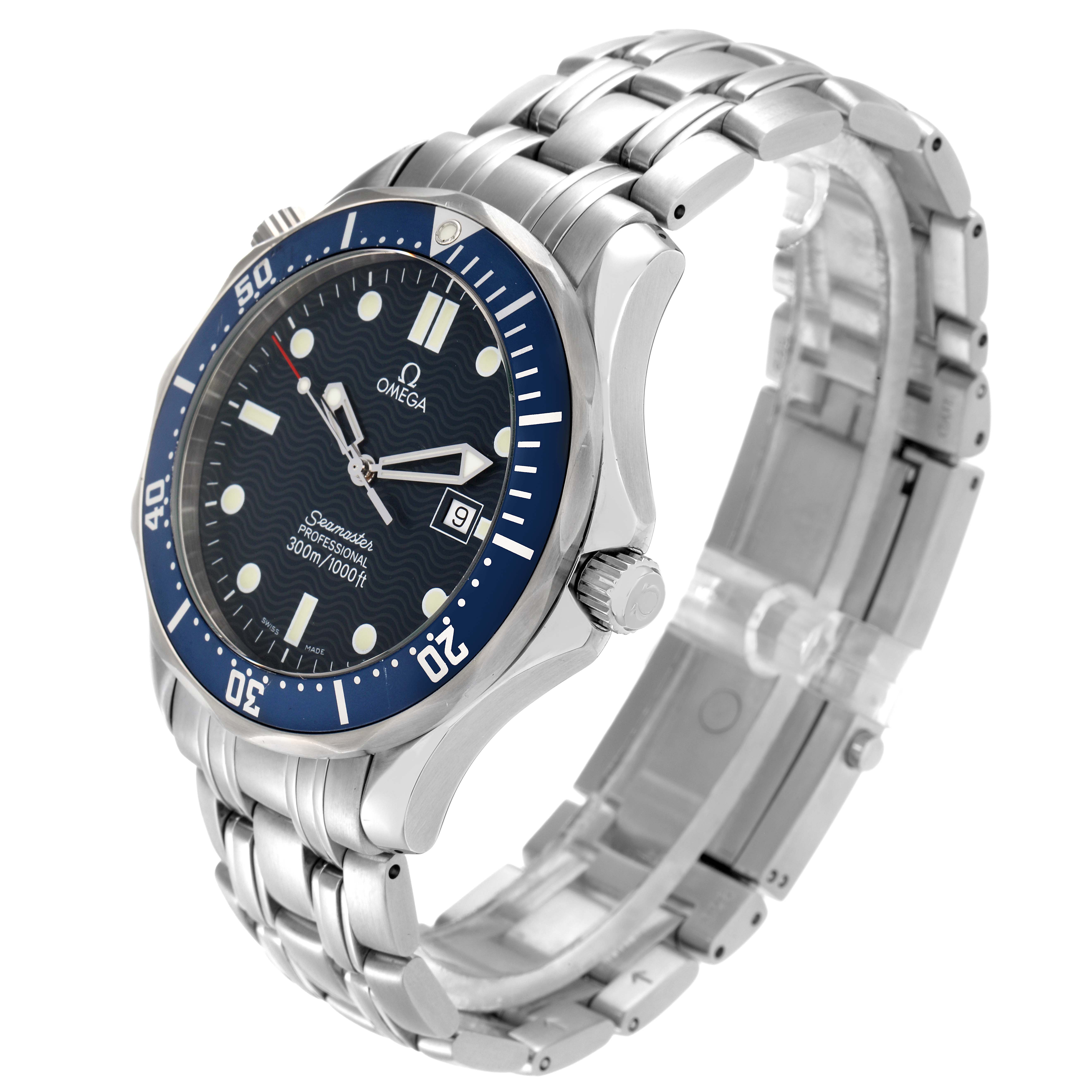 The Omega Seamaster 2541.80.00 Men
s Stainless Steel Blue Dial watch is shown at an angled side view, highlighting the dial, bezel, crown, and bracelet.
