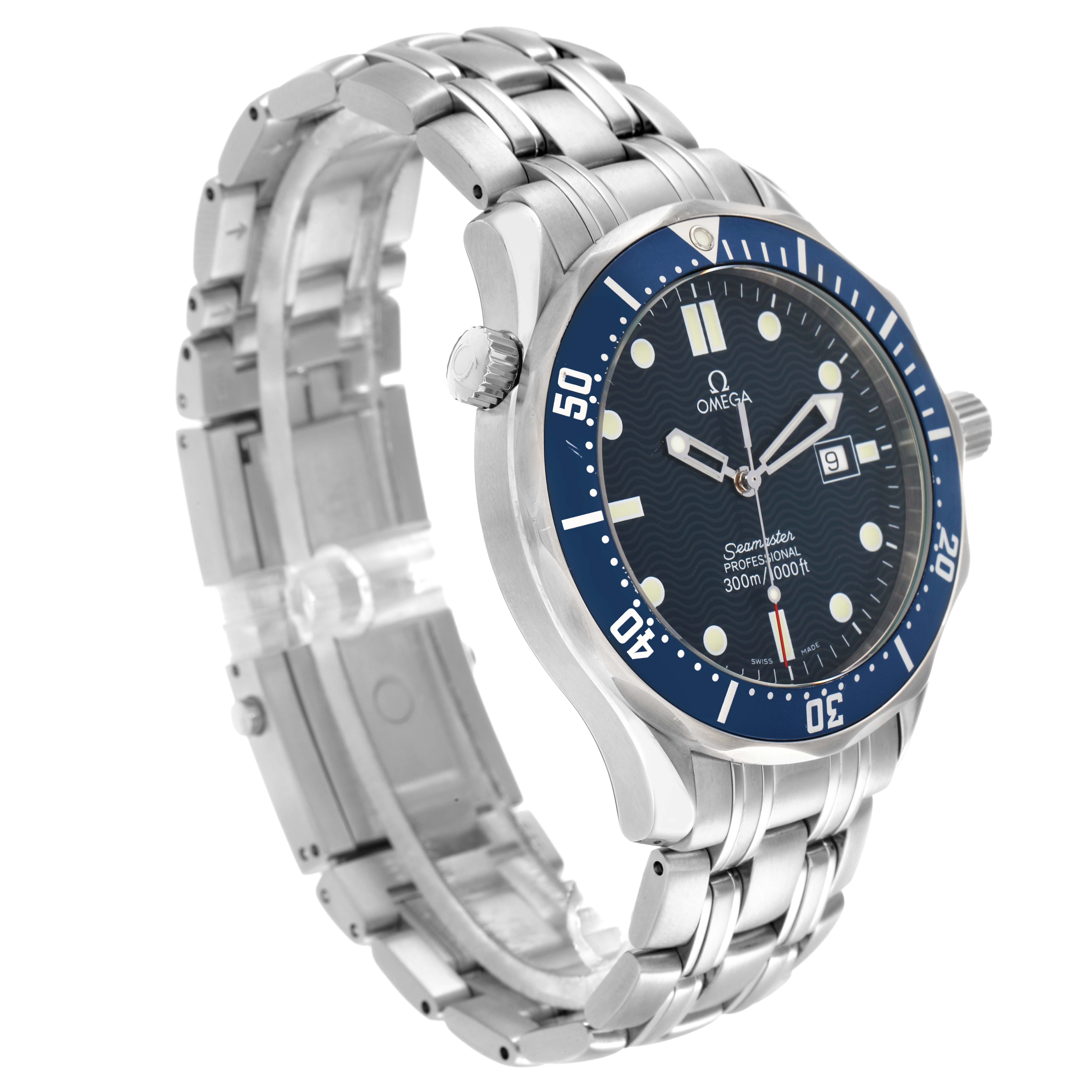 The Omega Seamaster 2541.80.00 Men
s Stainless Steel Blue Dial watch is shown at an angled front view, highlighting its blue bezel, crown, bracelet, and the face details.