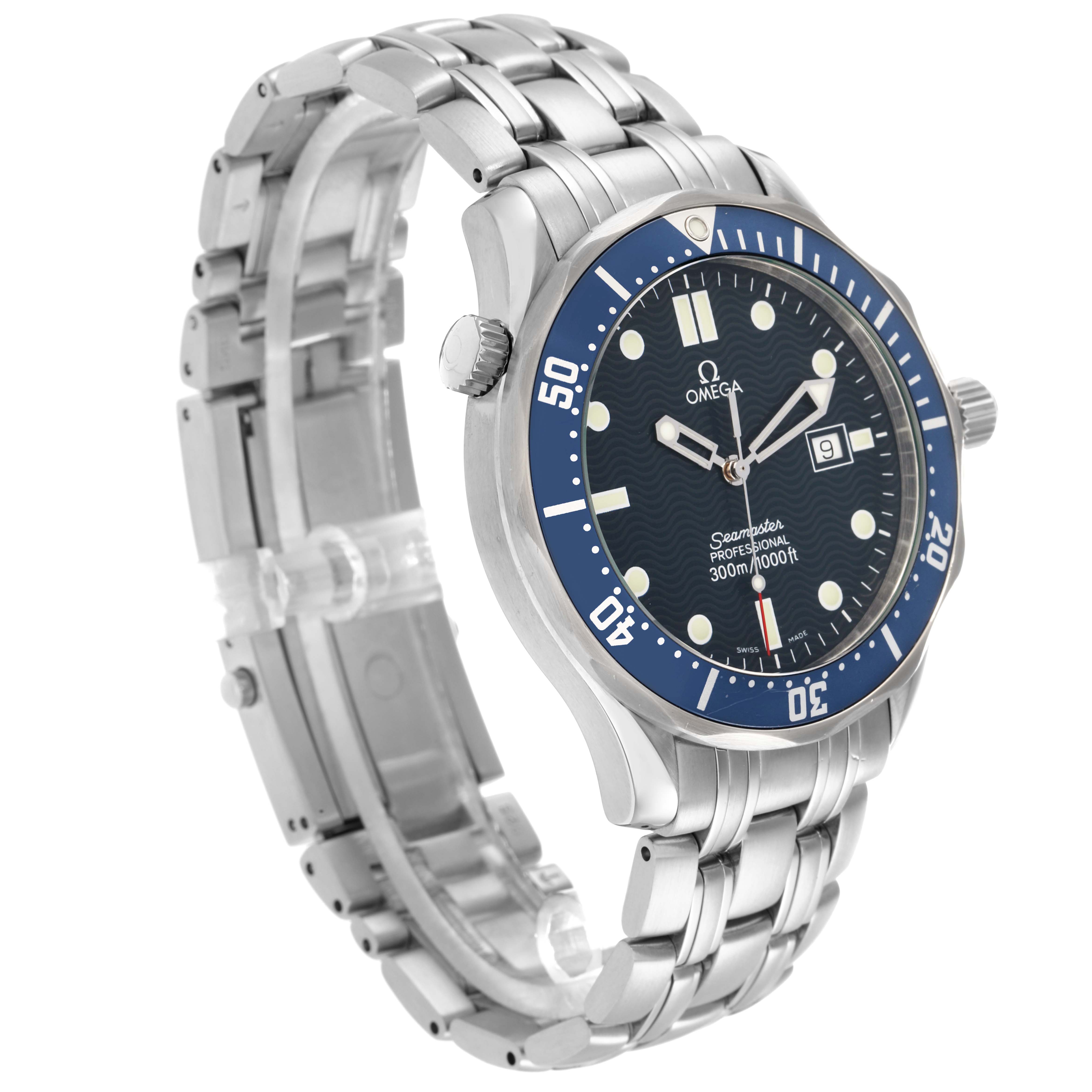 The Omega Seamaster 2541.80.0 Men
s Stainless Steel Blue Dial watch is shown at a three-quarter angle, highlighting its face, bezel, crown, and stainless steel bracelet.