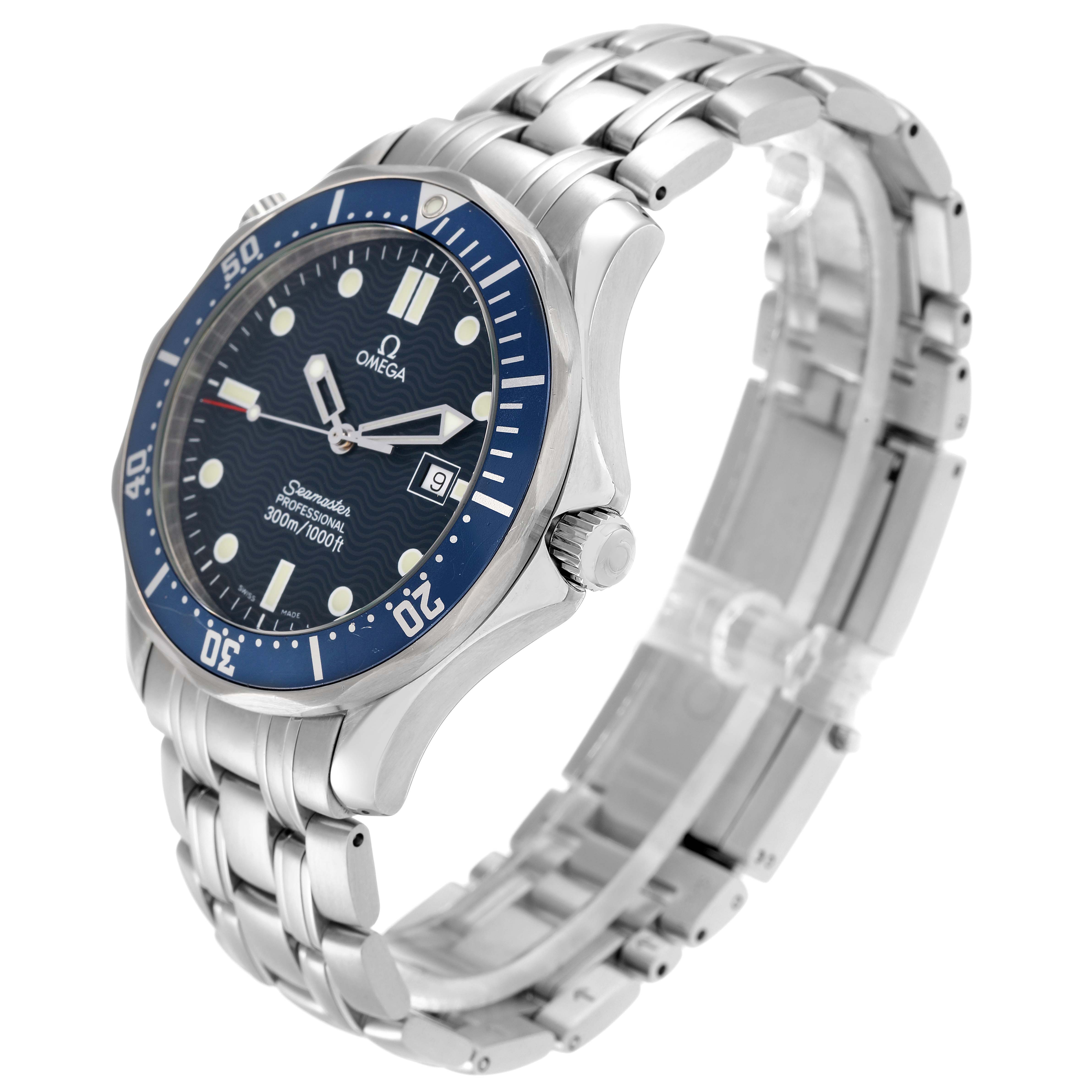 The Omega Seamaster 2541.80.0 Men
s Stainless Steel Blue Dial watch is shown at an angled side view, displaying the face, bezel, crown, and stainless steel bracelet.