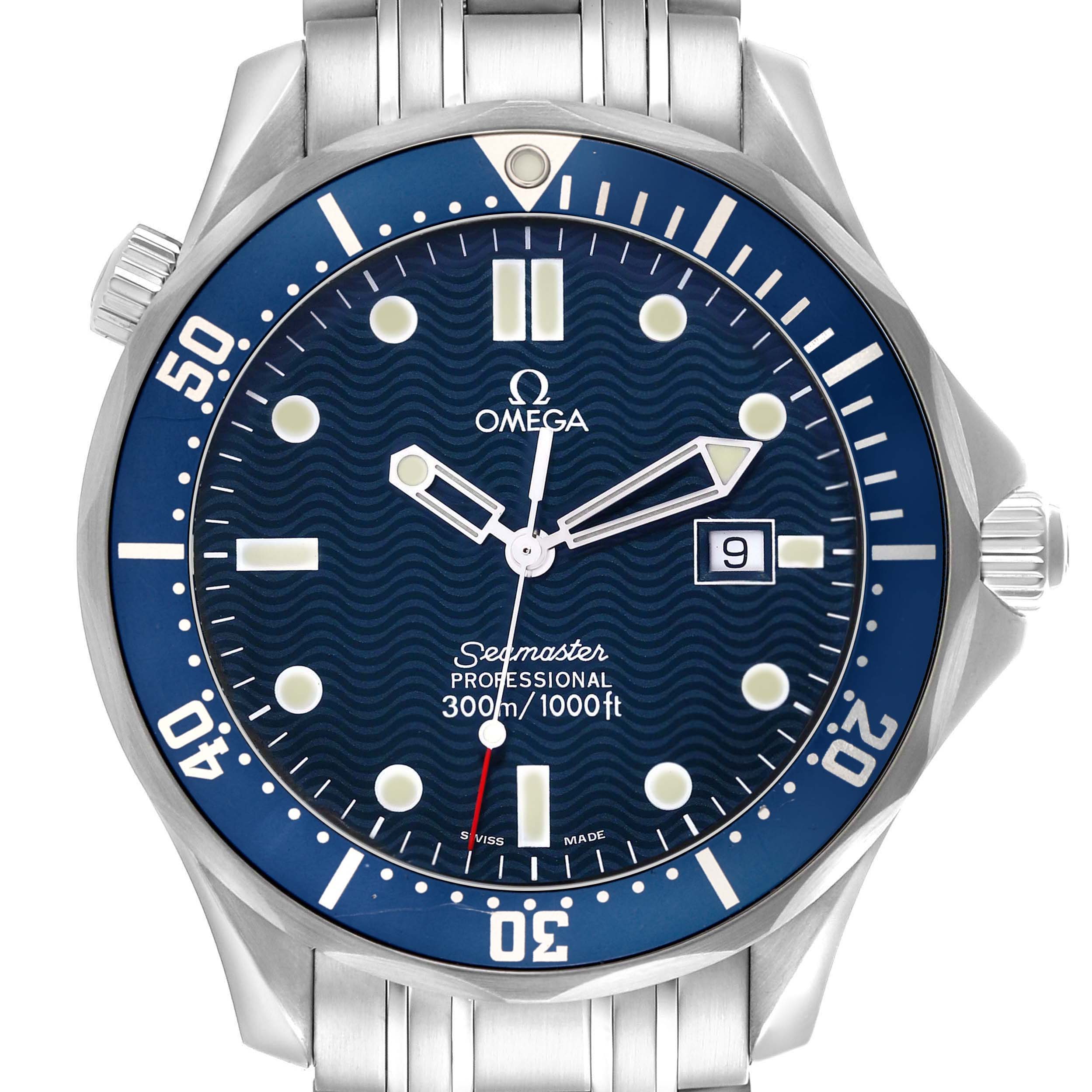 The Omega Seamaster 2541.80.0 Men
s Stainless Steel Blue Dial watch is shown from a top-down angle, highlighting the blue dial, bezel, hands, and date window.