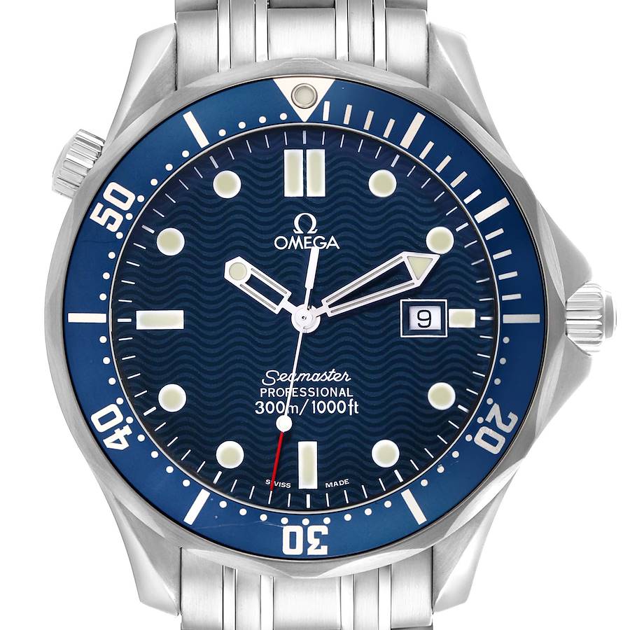 The image shows a front view of an Omega Seamaster model 2541.80.0 men's watch, displaying the blue dial, luminescent markers, bezel, and crown.