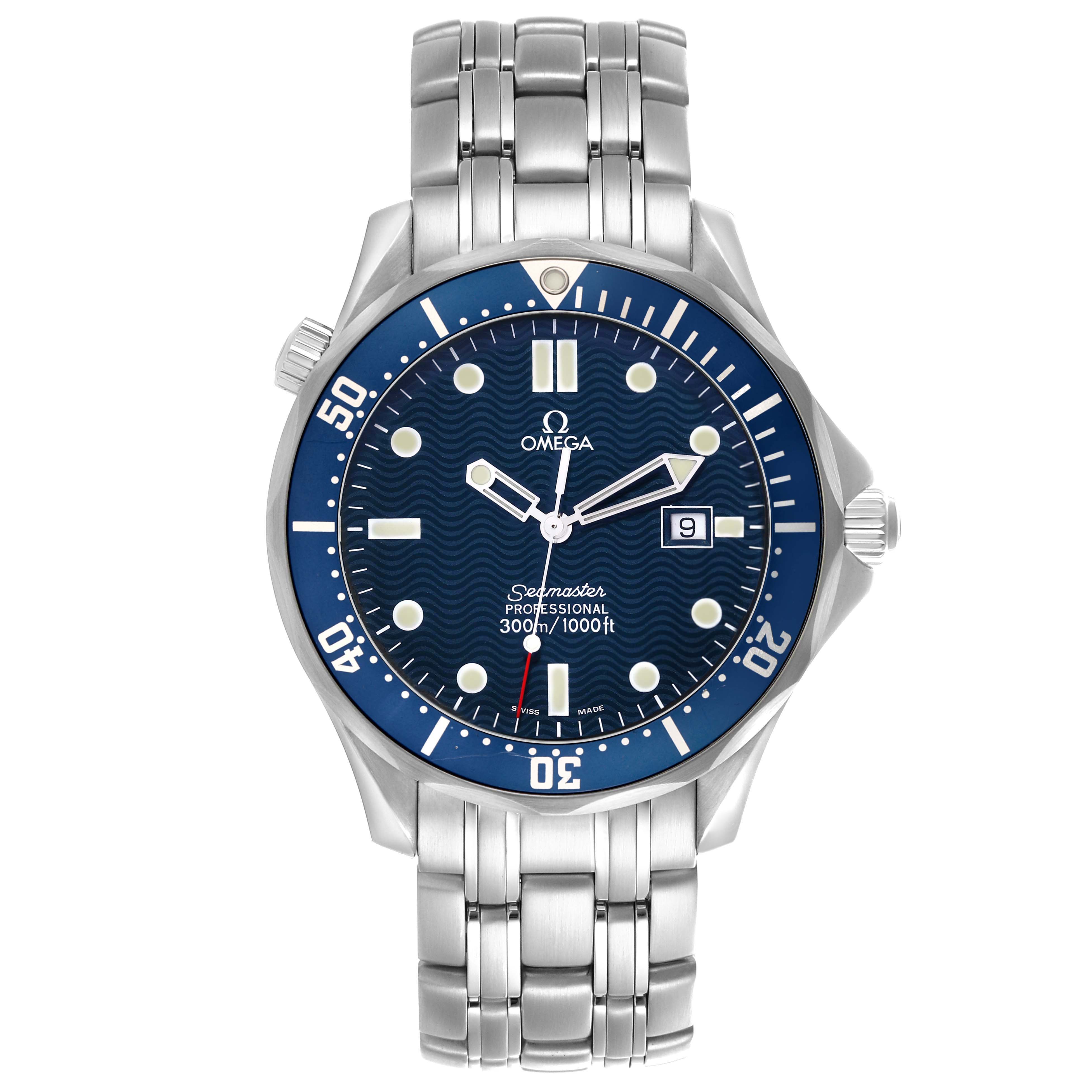 The Omega Seamaster 2541.80.0 Men
s Stainless Steel Blue Dial watch is shown from the front, displaying the face, bezel, and bracelet.