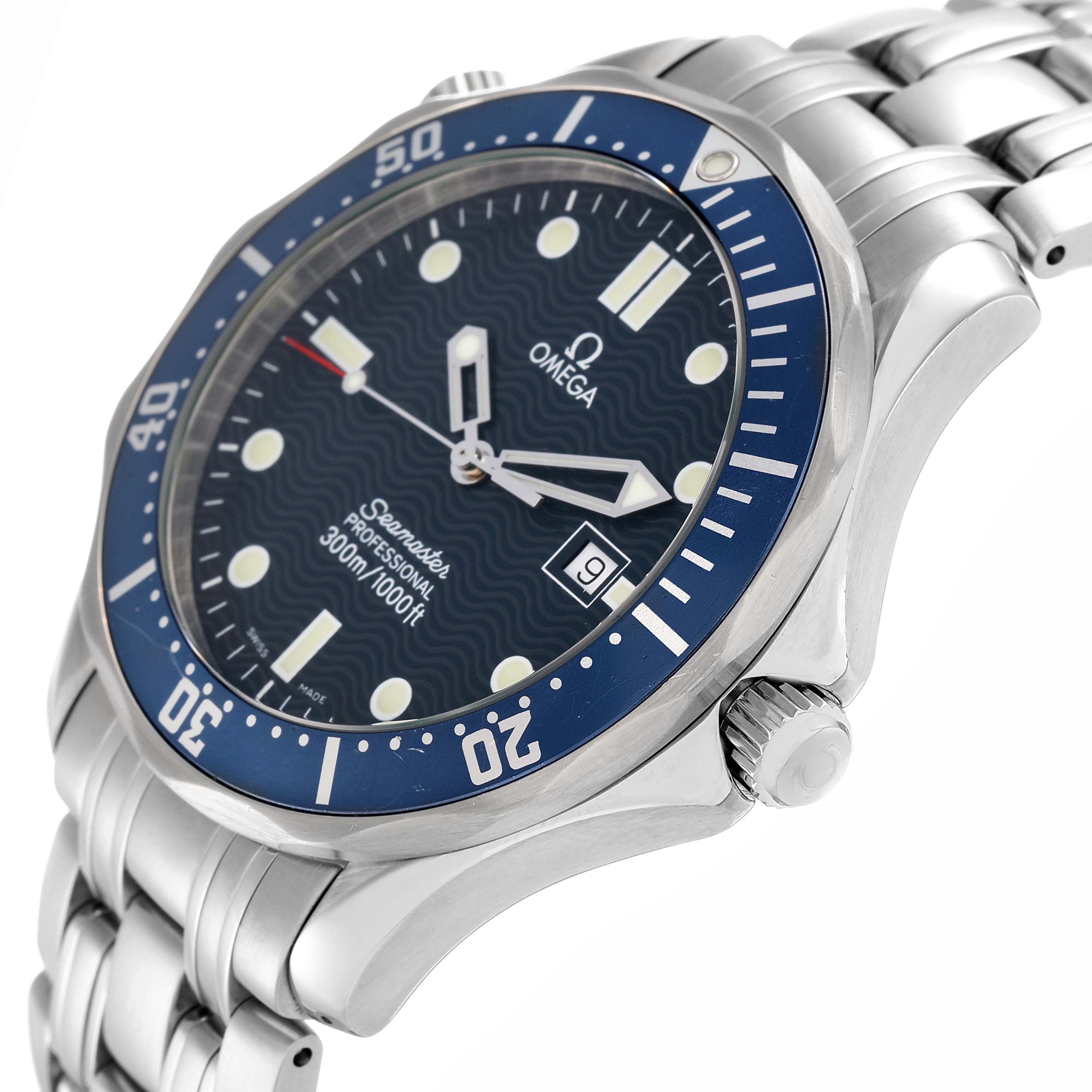 The Omega Seamaster 2541.80.0 Men
s Stainless Steel Blue Dial is shown at a slight angle, displaying the dial, bezel, crown, and metal bracelet.