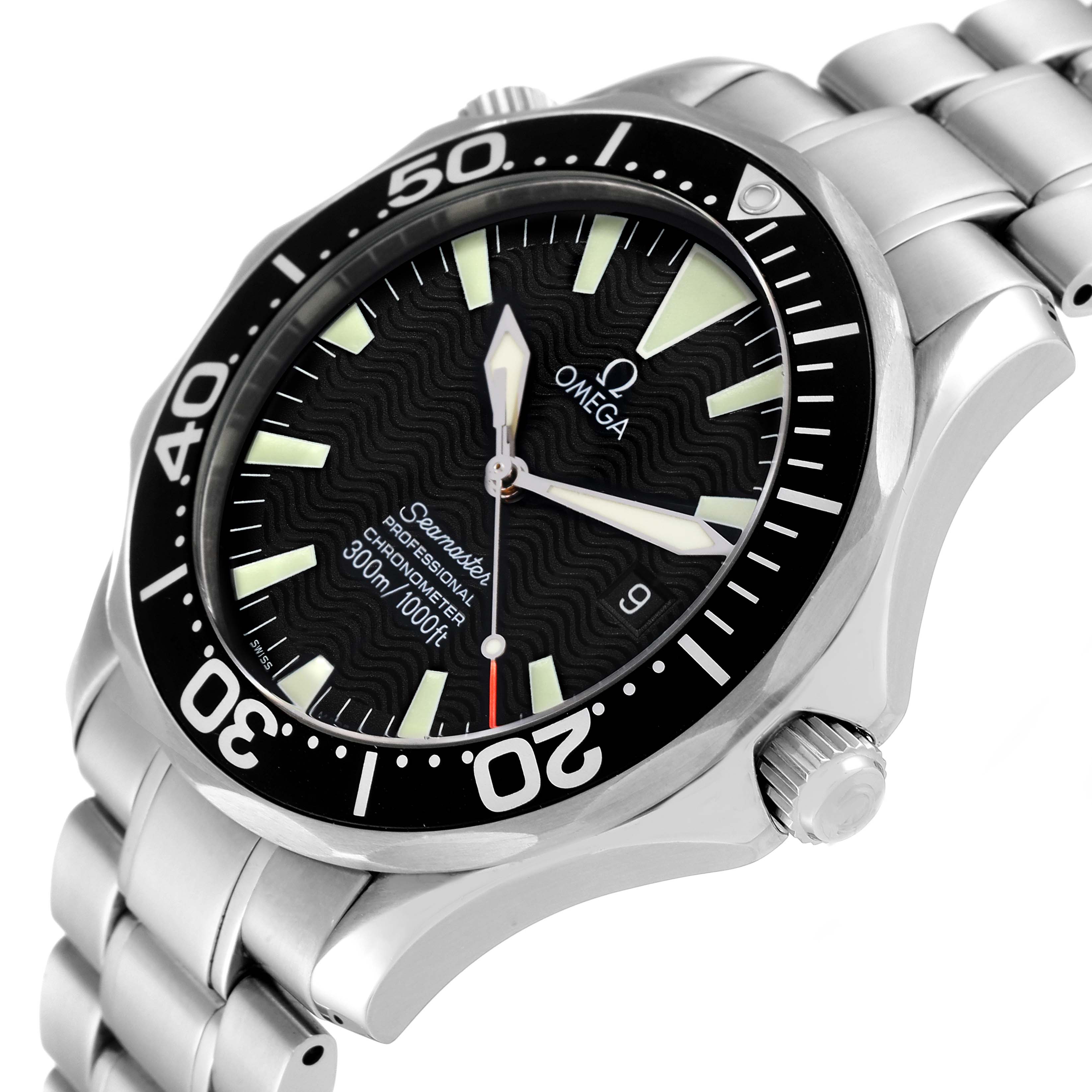 The image shows an Omega Seamaster 2254.50.00 Men's Stainless Steel Black Dial 2254.50.00 Men's Stainless Steel Black Dial watch viewed from an angle displaying the bezel, dial, crown, and part of the bracelet.