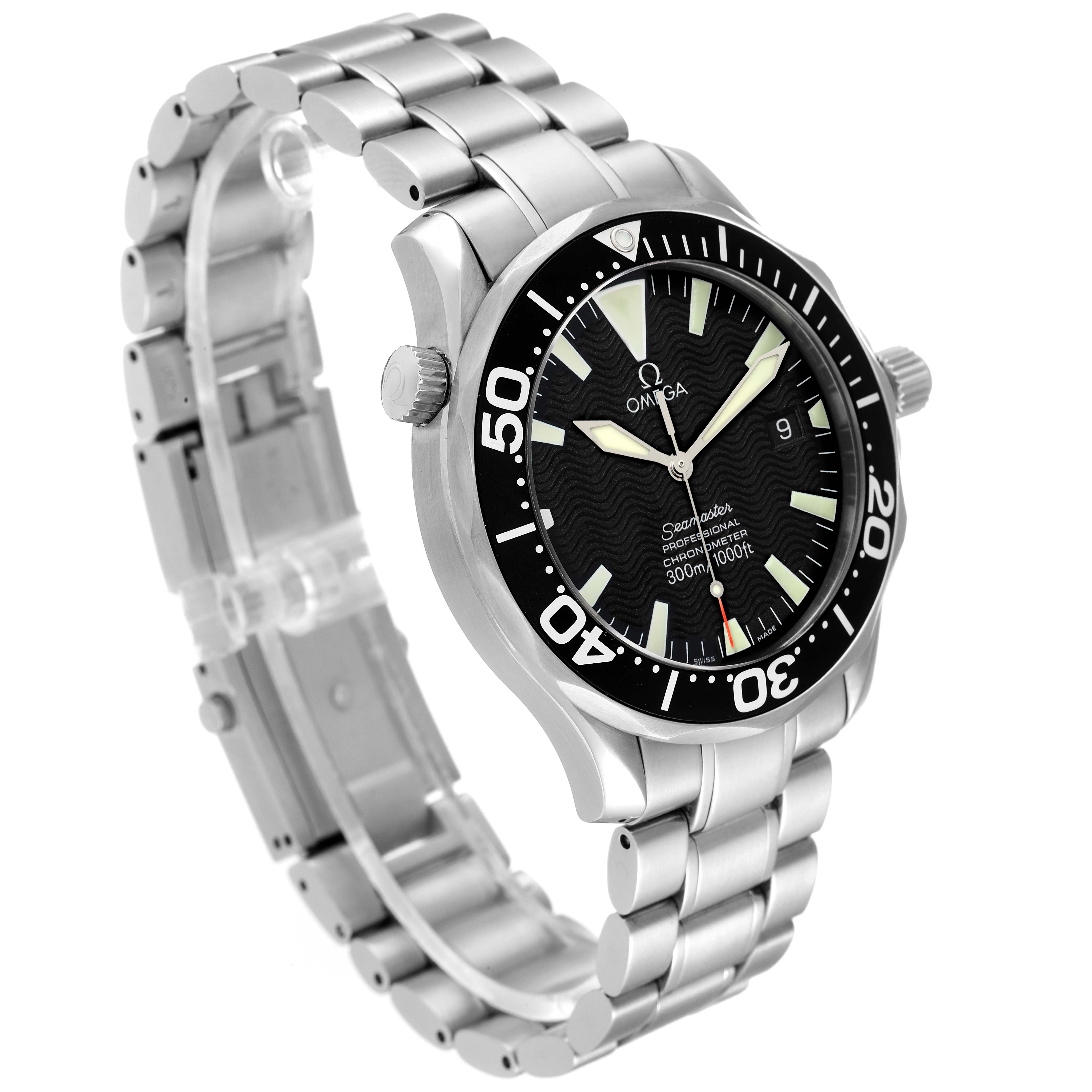 The Omega Seamaster 2254.50.00 Men's Stainless Steel Black Dial 2254.50.00 Men's Stainless Steel Black Dial watch is shown at a slight angle, highlighting its face, bezel, crown, and bracelet.