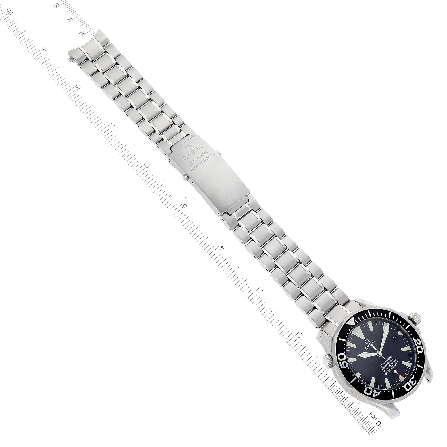 The image shows an Omega Seamaster 2254.50.00 Men's Stainless Steel Black Dial 2254.50.00 Men's Stainless Steel Black Dial watch laid flat, displaying its face, stainless steel bracelet, and clasp alongside a ruler for size reference.