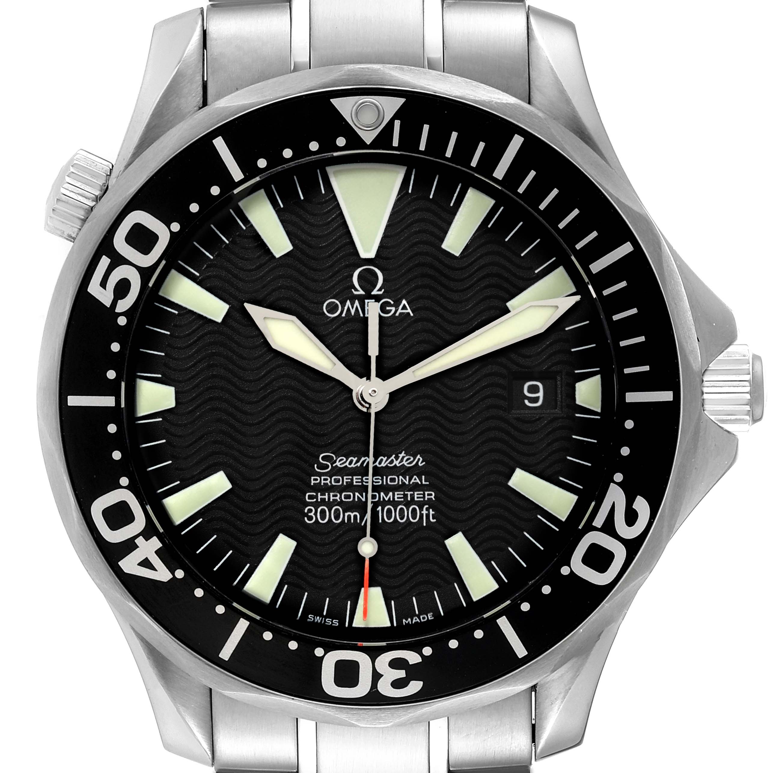 The image shows a front view of an Omega Seamaster 2254.50.00 Men's Stainless Steel Black Dial 2254.50.00 Men's Stainless Steel Black Dial watch, highlighting the dial, bezel, and part of the bracelet.